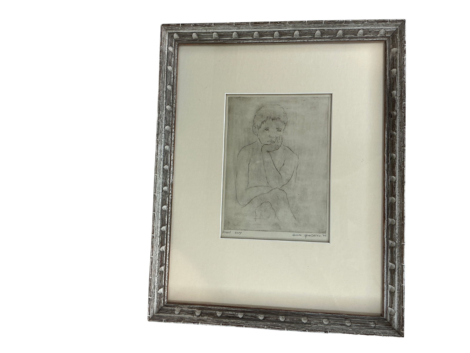 1966 Simon Gonzales Sketch - Proof Copy: This artwork by Simon Gonzales appears to be a pencil sketch, designated as a 'proof copy,' and dates back to 1966. It depicts a contemplative young figure with a pensive expression, drawn in a minima