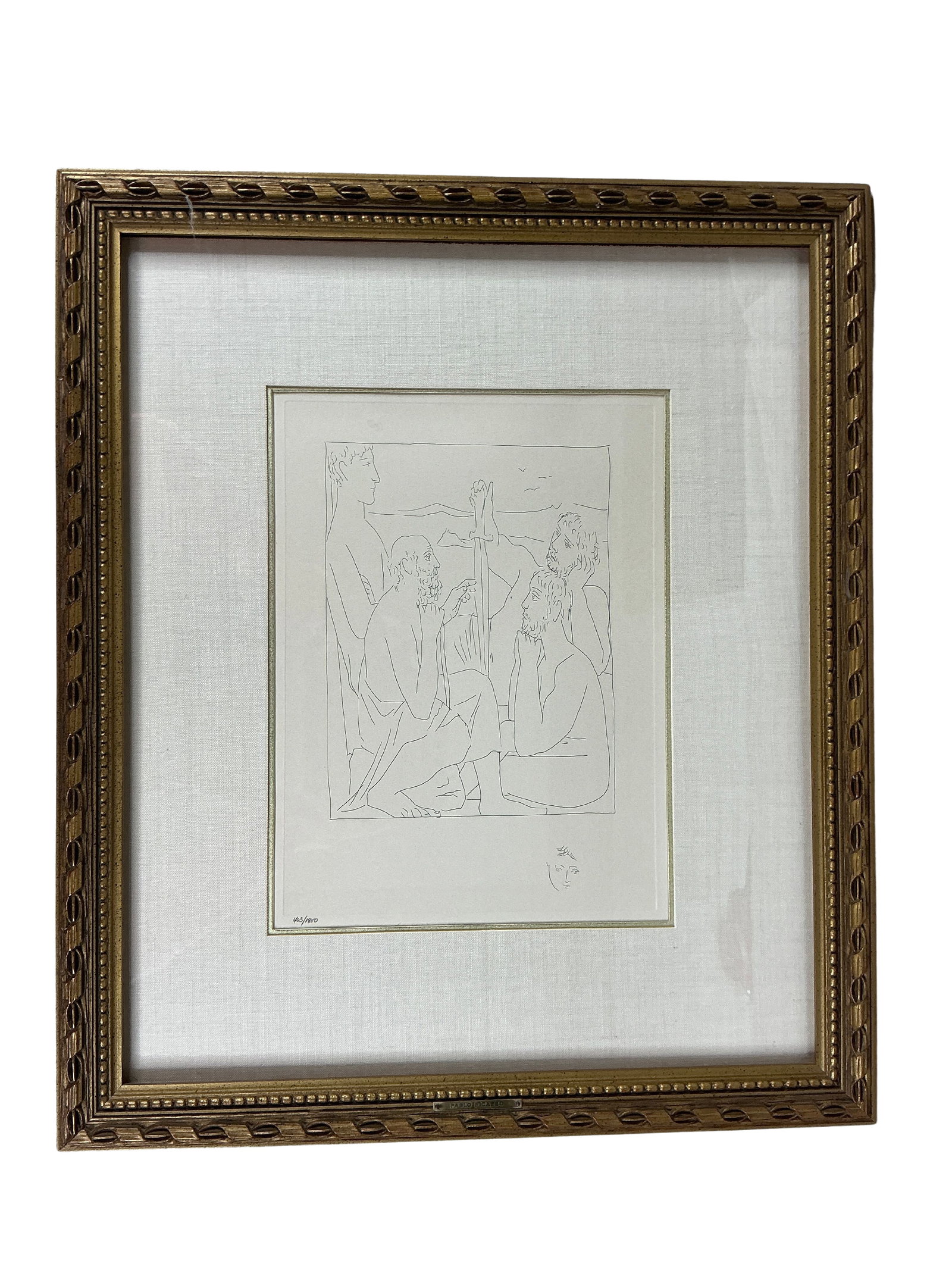 Pablo Picasso Limited Edition Print 403/1800: Nestor’s Tales of the Trojan War is a reproduction of a drawing by Pablo Picasso. It features a simple yet intricate line drawing of multiple figures engaged in what appears to be an intellectual di