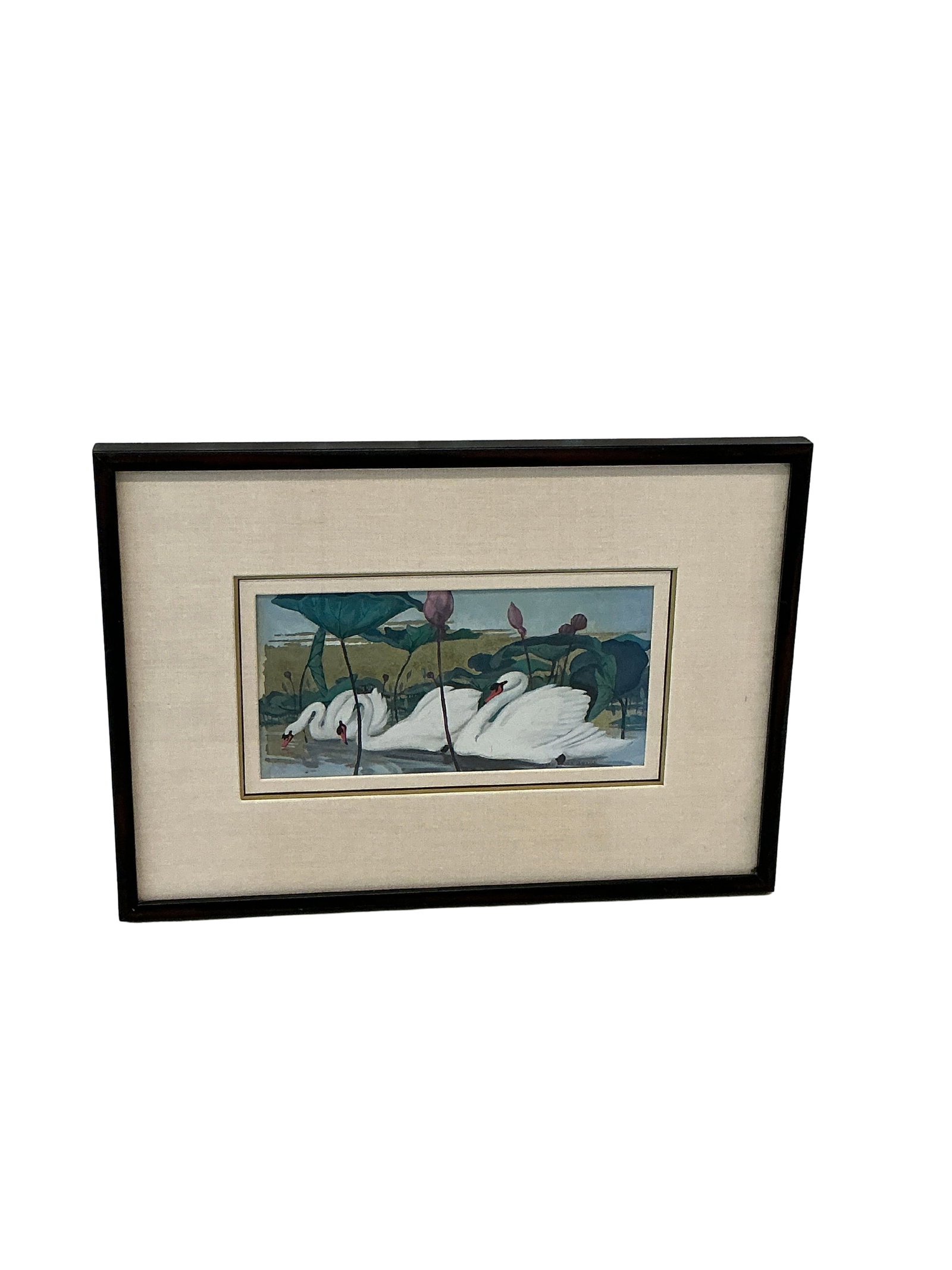 Signed Swan Watercolor Painting in Wood Frame (1 of 6)