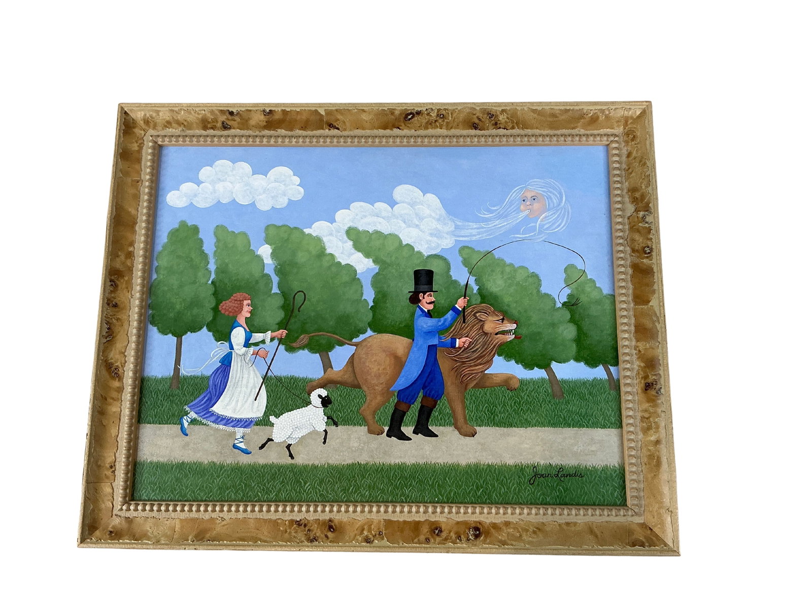 Whimsical Folk Art Painting by Joan Landis – Lion and Lamb Parade: This is a vibrant painting by Joan Landis, prominently featuring a whimsical scene that showcases a woman and a man walking with a lion and a lamb. The artwork exhibits a naïve art style, which is ch