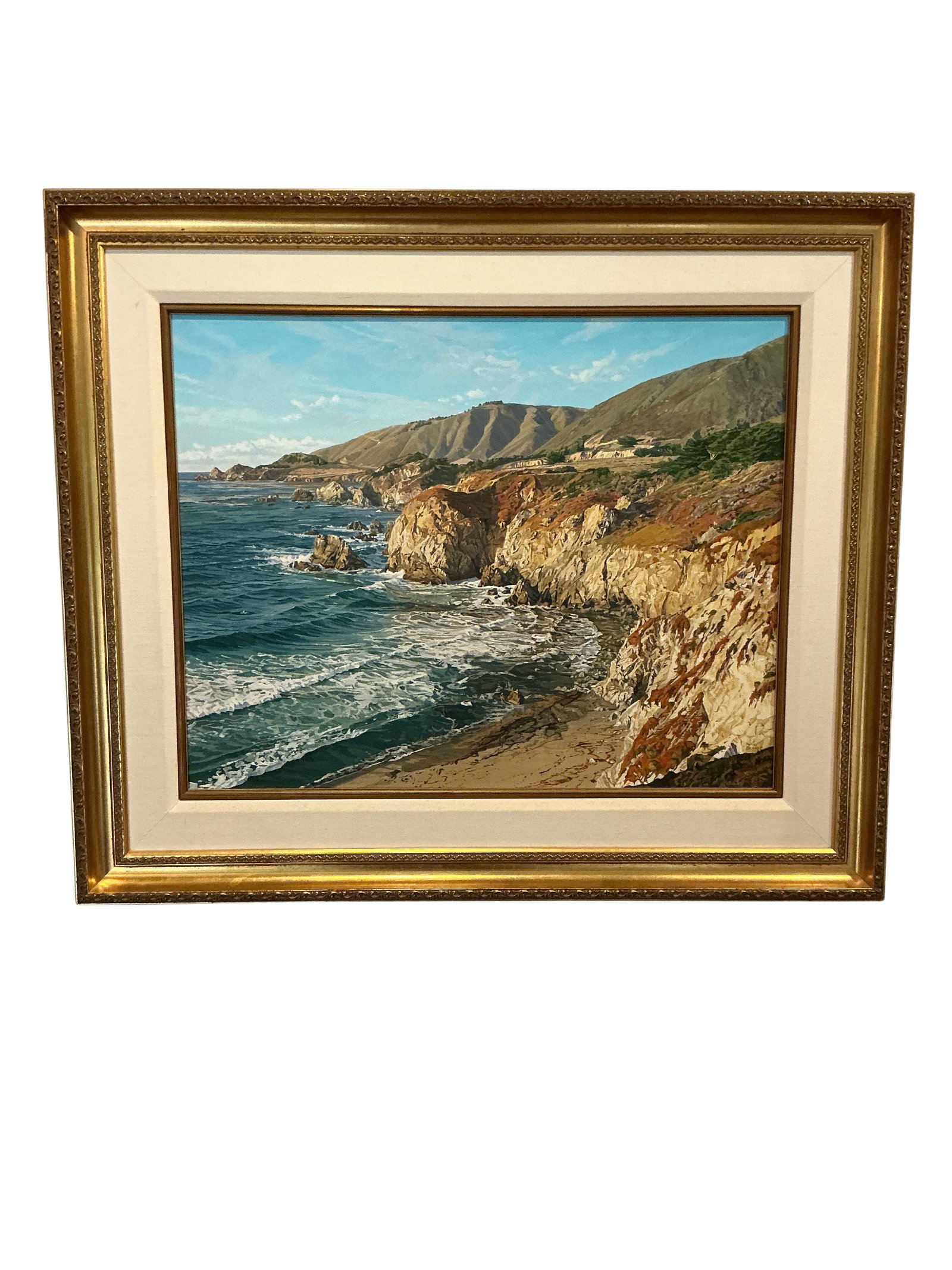 Buzz Brandt, Big Sur California Coast Seascape, Oil, Signed Framed: This exquisite oil painting by esteemed California artist Buzz Brandt captures the majestic Big Sur coastline with remarkable detail and vibrant color. Known for his evocative coastal scenes,