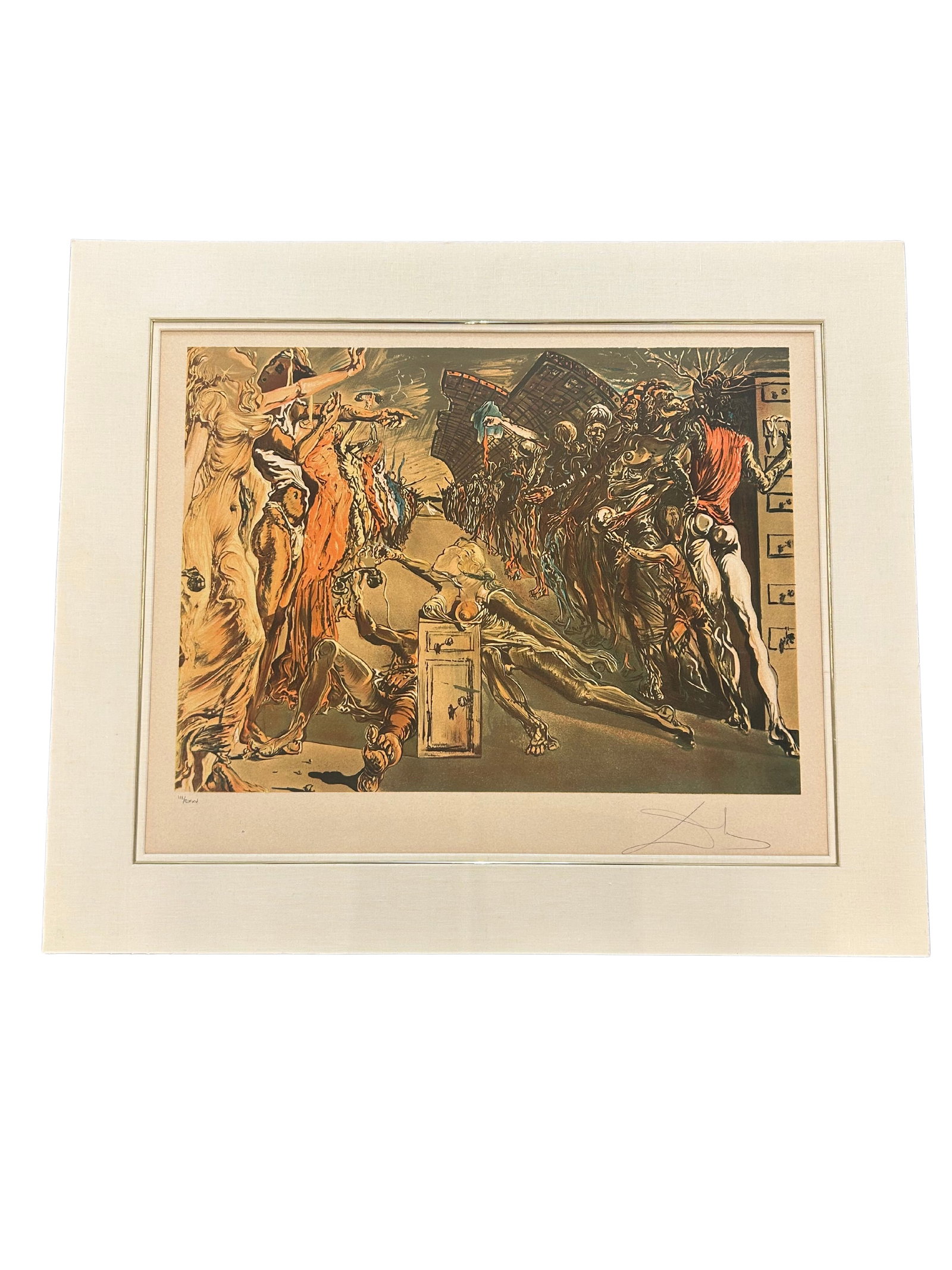 Surrealist Framed Print In The Style Of Salvador Dali: The item is a framed artwork attributed to the renowned surrealist artist Salvador Dali. The piece vividly captures Dali's unique approach to surrealism, with an imaginative and chaotic scene that del