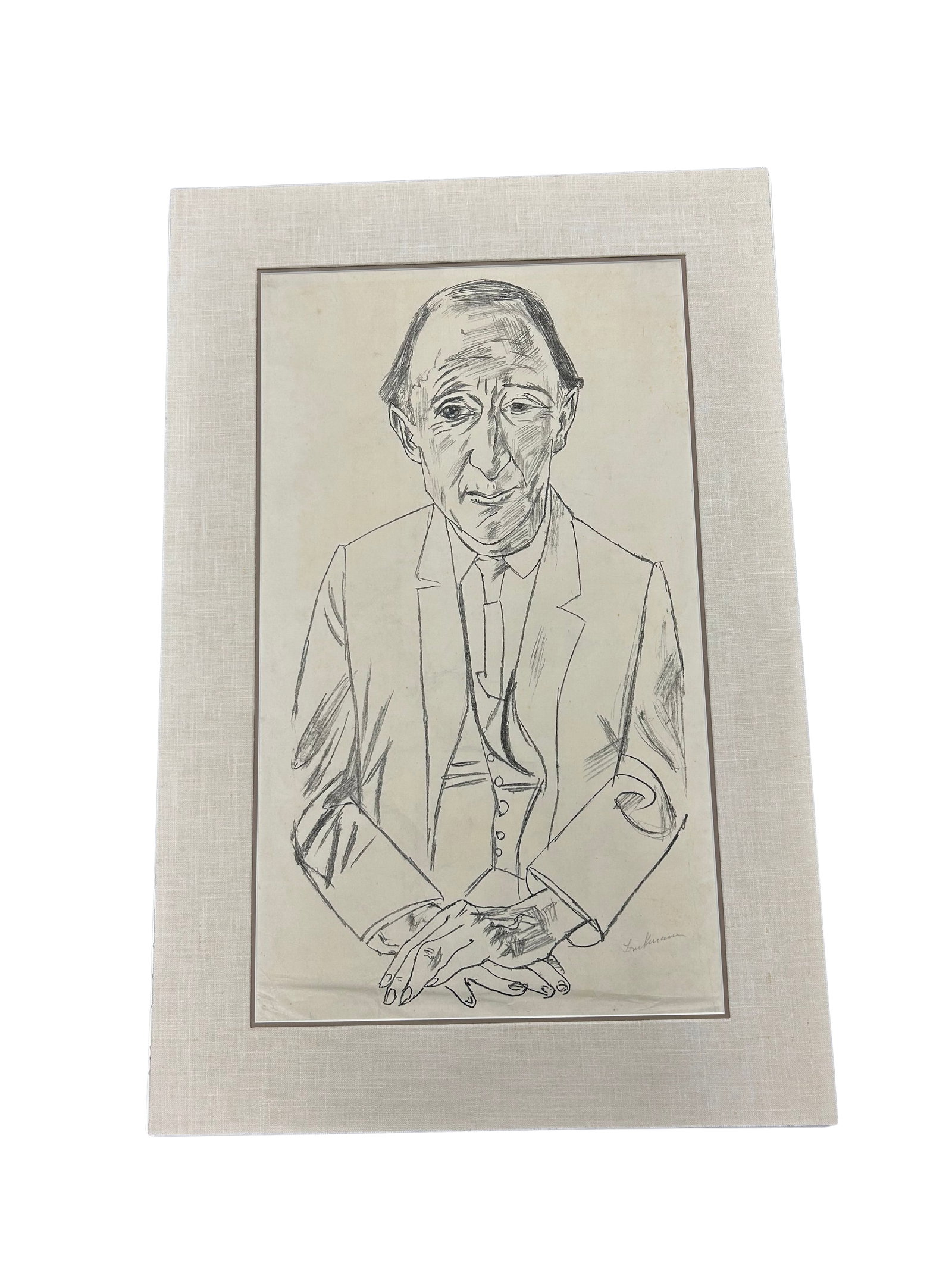 Signed Charcoal Portrait, 'Uncle to Me': The charcoal drawing titled 'Uncle to Me' presents a striking portrait, executed with a deft hand. It captures a seated figure in a traditional suit, rendered with bold, expressive lines that convey a