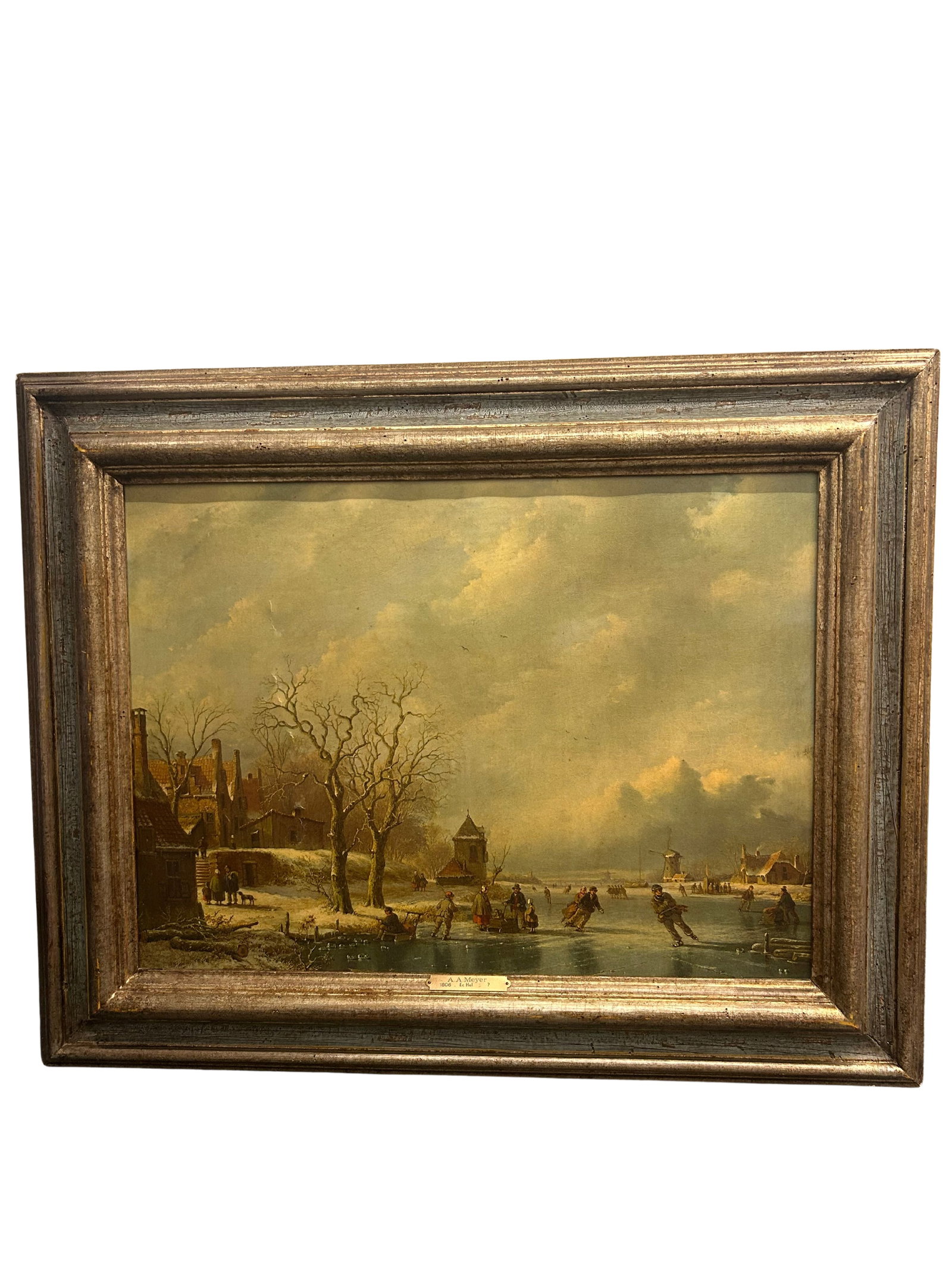 A.A. Meyer 1806 Winter Village Scene Oil on Canvas (1 of 9)