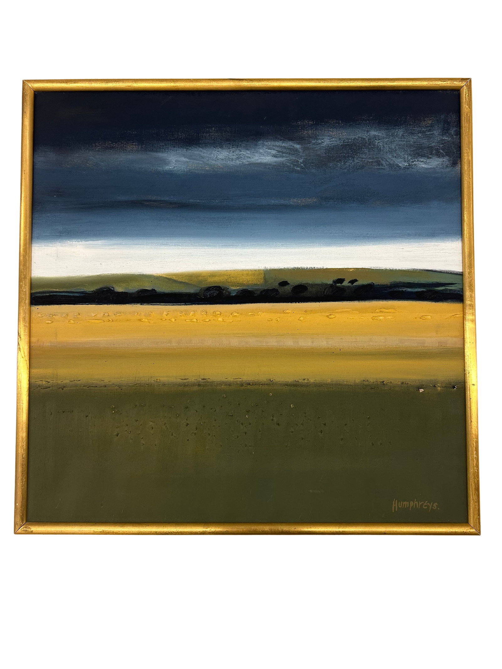 David Humphreys Late Summer Day oil canvas signed: This is an evocative oil on canvas painting entitled 'Late Summer Day' by David Humphreys. The artwork captures a serene landscape with horizontal bands of color representing fields and sky, evocative