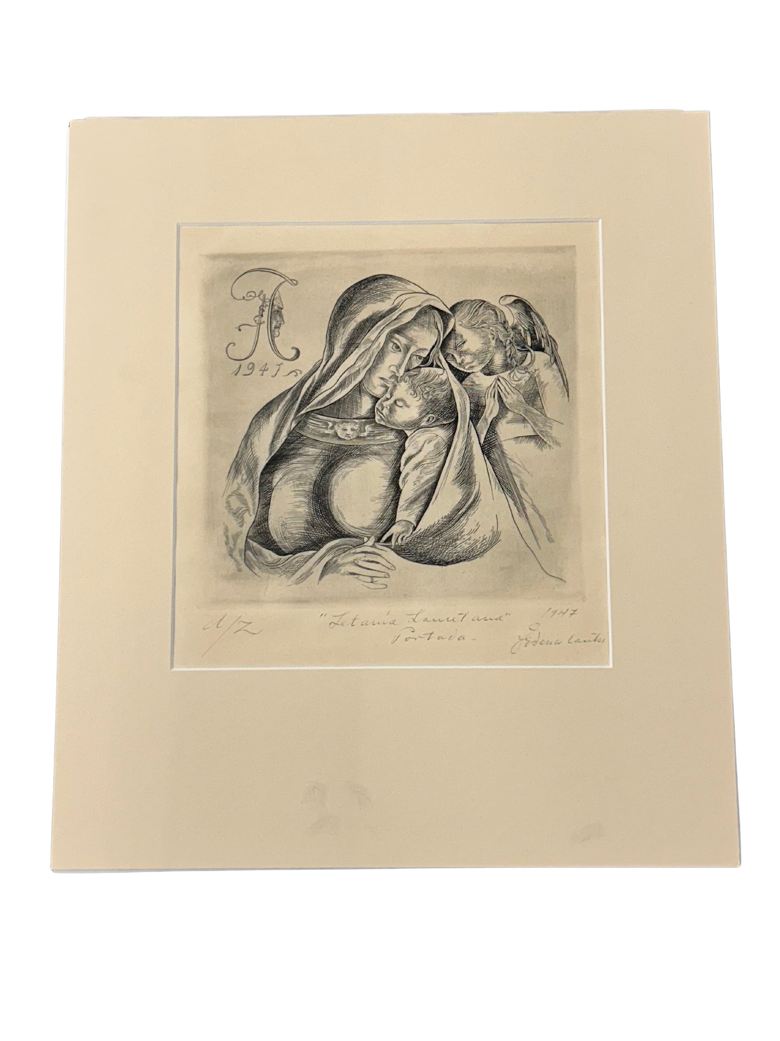 Letania Lauretana 1947 Religious Lithograph: This evocative lithograph titled 'Letania Lauretana,' created in 1947, captures an intricate religious scene with a mother and child, accompanied by an angelic figure. The skilled line work and attent