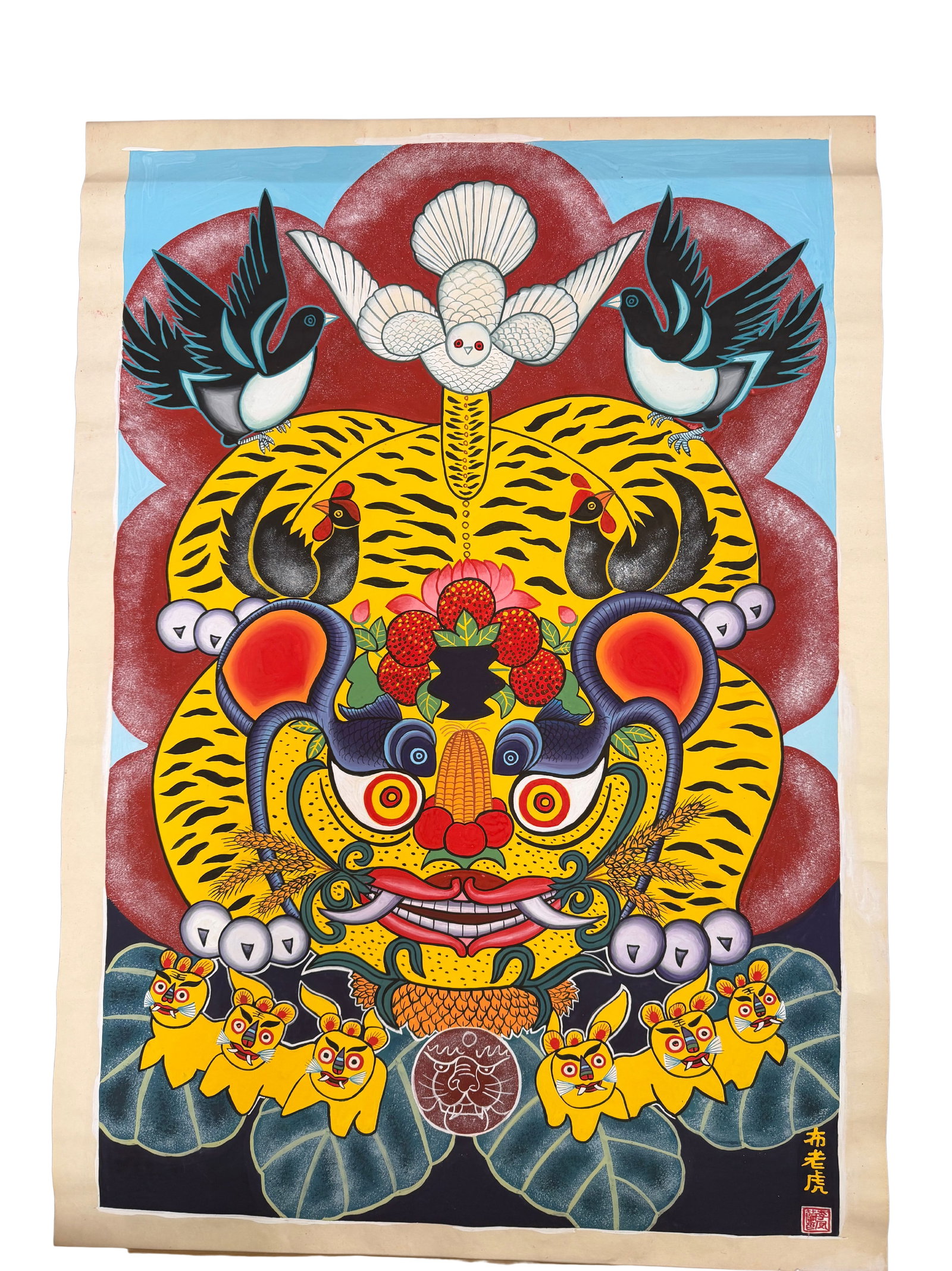 Colorful Huxian 'Harvest' Painting, Shaanxi Folk Art: The featured item is a captivating Huxian painting titled 'Harvest,' originating from Shaanxi Province, China. This artwork reflects the vibrant and folkloric style characteristic of peasant paintings