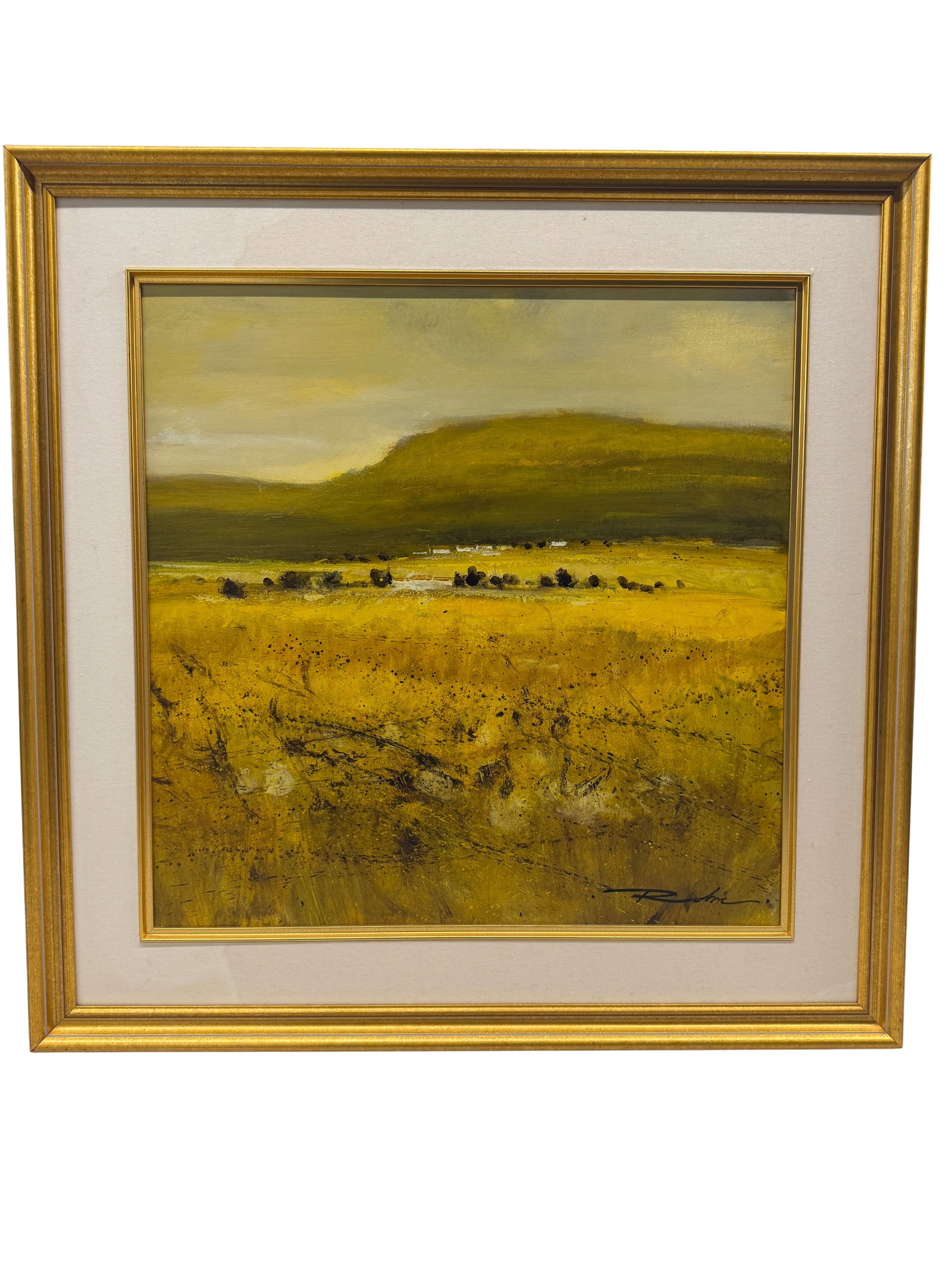 Hills by Collins: Signed Landscape Painting: This captivating painting titled 'Hills (Collins)' exudes an atmospheric landscape imbued with rich, earthy colors. The artist employs a blend of textured brushwork and subtle color gradations, primar