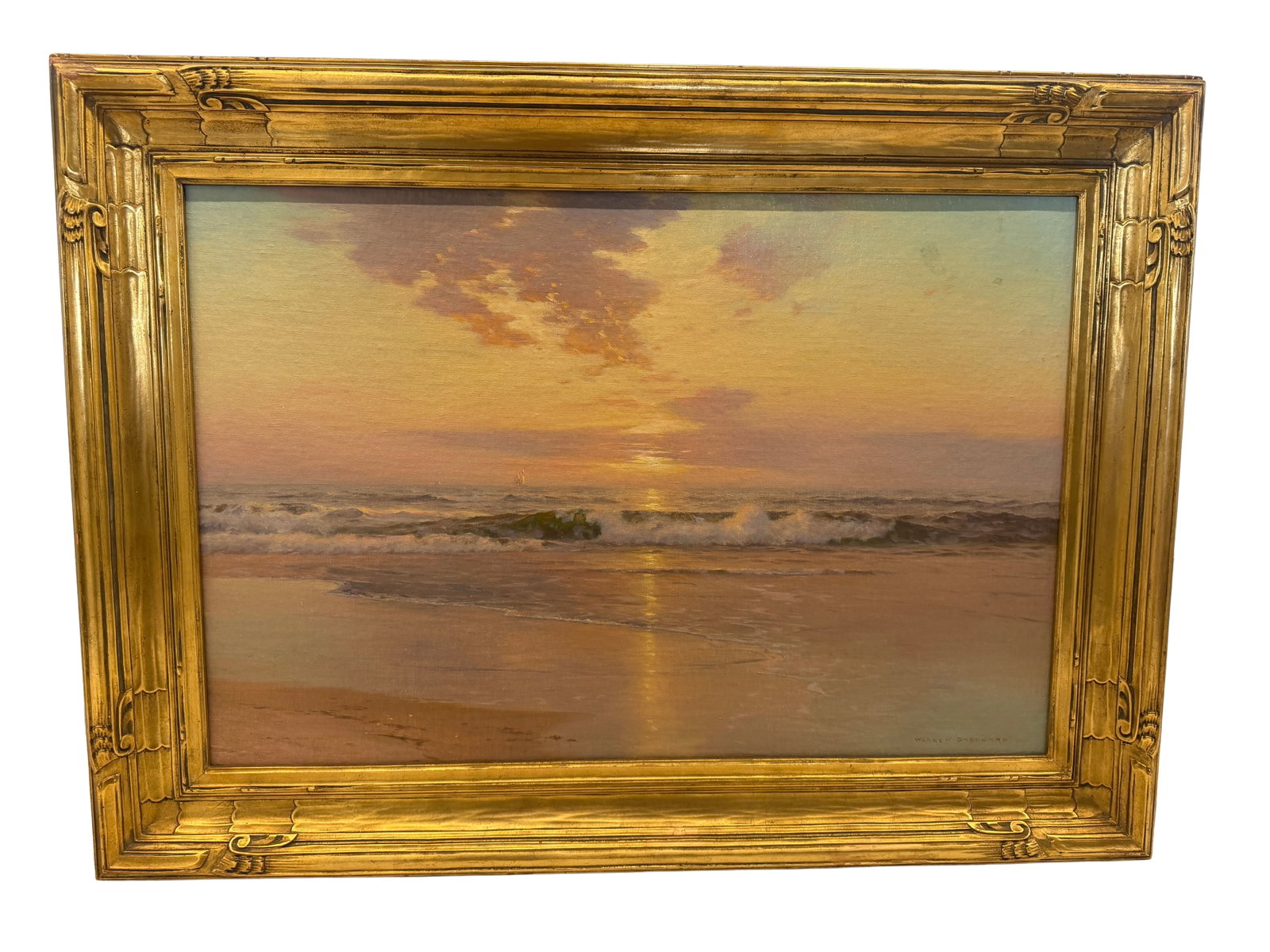 Warren Sheppard 'Sunrise' - Original 1926 Oil Painting: Warren Sheppard's 'Sunrise' is a masterful oil painting from 1926, capturing the tranquil beauty of a sunrise over the ocean. This early 20th-century maritime piece is rendered on board and measures 2