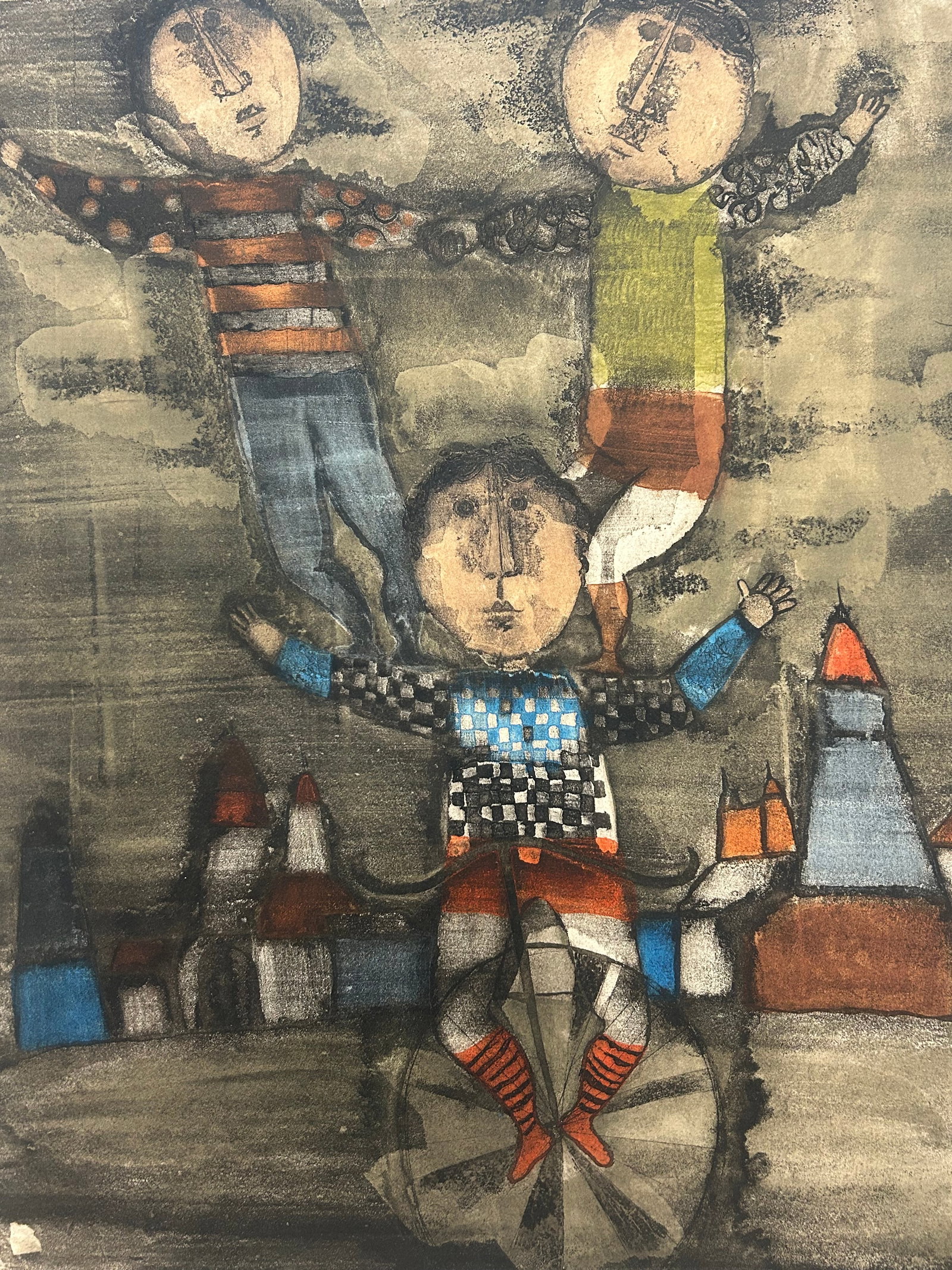 J. Andre Boulanger Limited Edition Print - Abstract Acrobats: This is a paper print signed 'J. Andre Boulanger,' displaying a whimsical and abstract representation of three figures. The print has a distinctive style, possibly reminiscent of mid-20th century art 