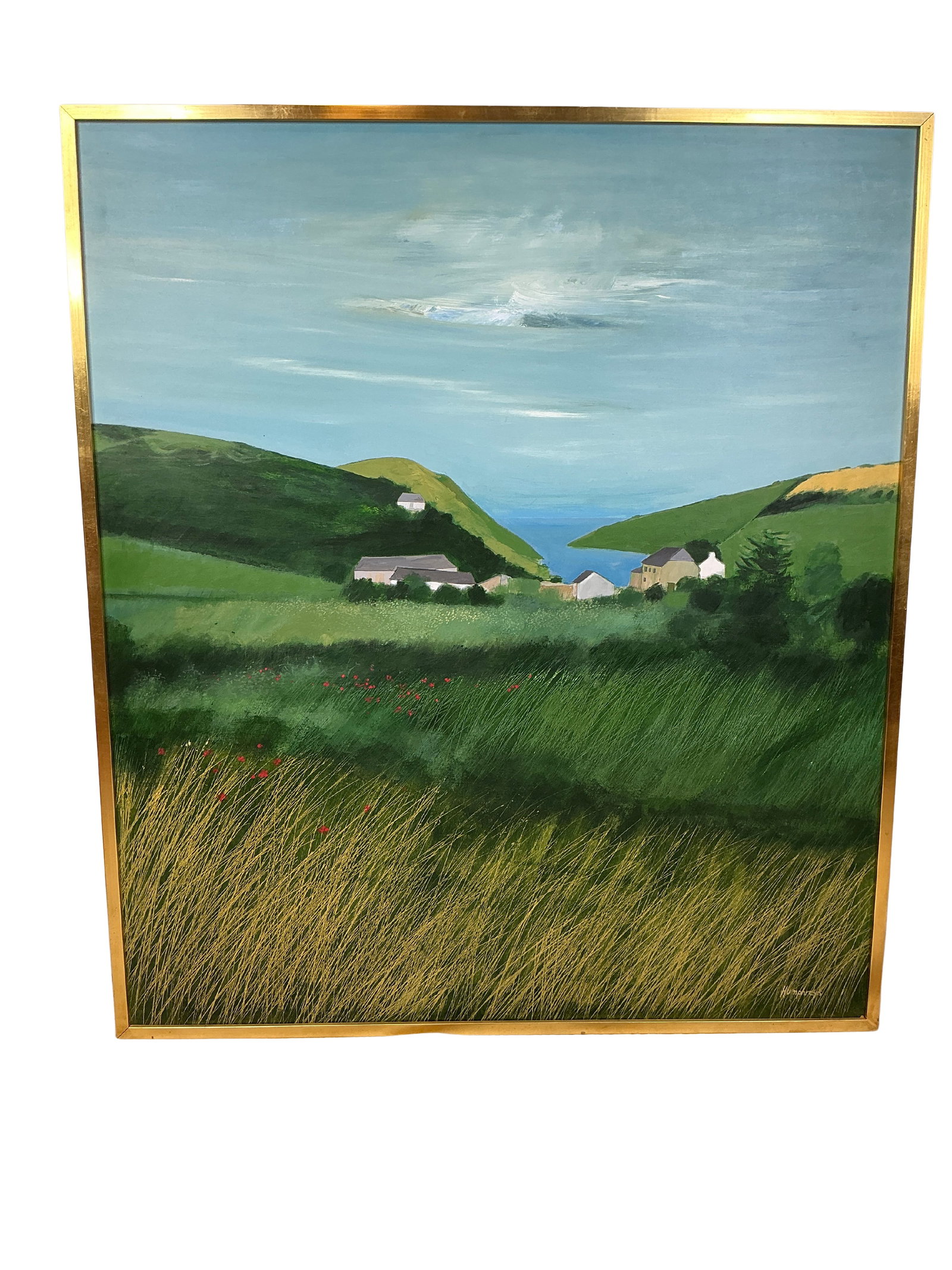 David Humphreys (British, 1937) Port Quin Oil On Board, Signed: This exquisite oil on board by British artist David Humphreys captures the tranquil beauty of Port Quin, a coastal village in Cornwall. The painting features vibrant green hills that roll gently