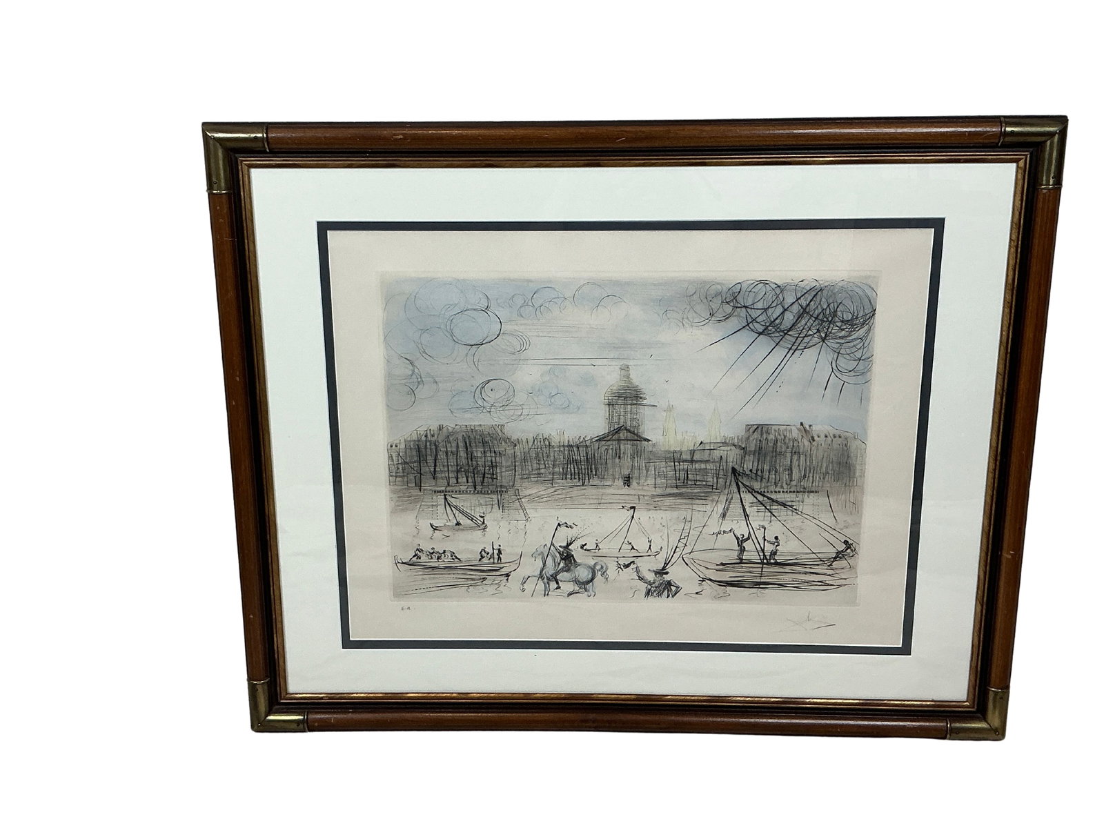 Salvador Dali Artist Proof Color Etching in Wood Frame: This exquisite color etching, attributed to the renowned surrealist Salvador Dali, captures a dynamic landscape with swirling clouds and intricate linear strokes, hallmark features of Dali's surreal