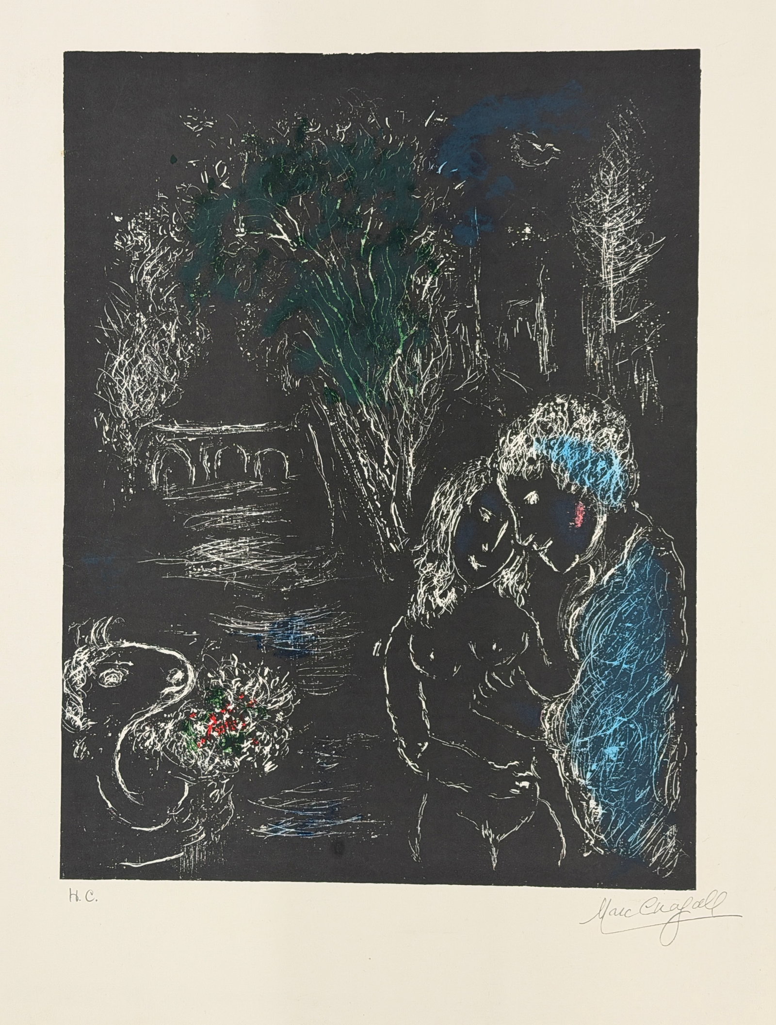 Marc Chagall Signed H.C. Print in Gold Frame: This art piece is an H.C. (Hors Commerce) print by Marc Chagall, marked by the artist's signature in pencil. The print showcases Chagall's distinctive style, featuring rich, dreamlike imagery and a