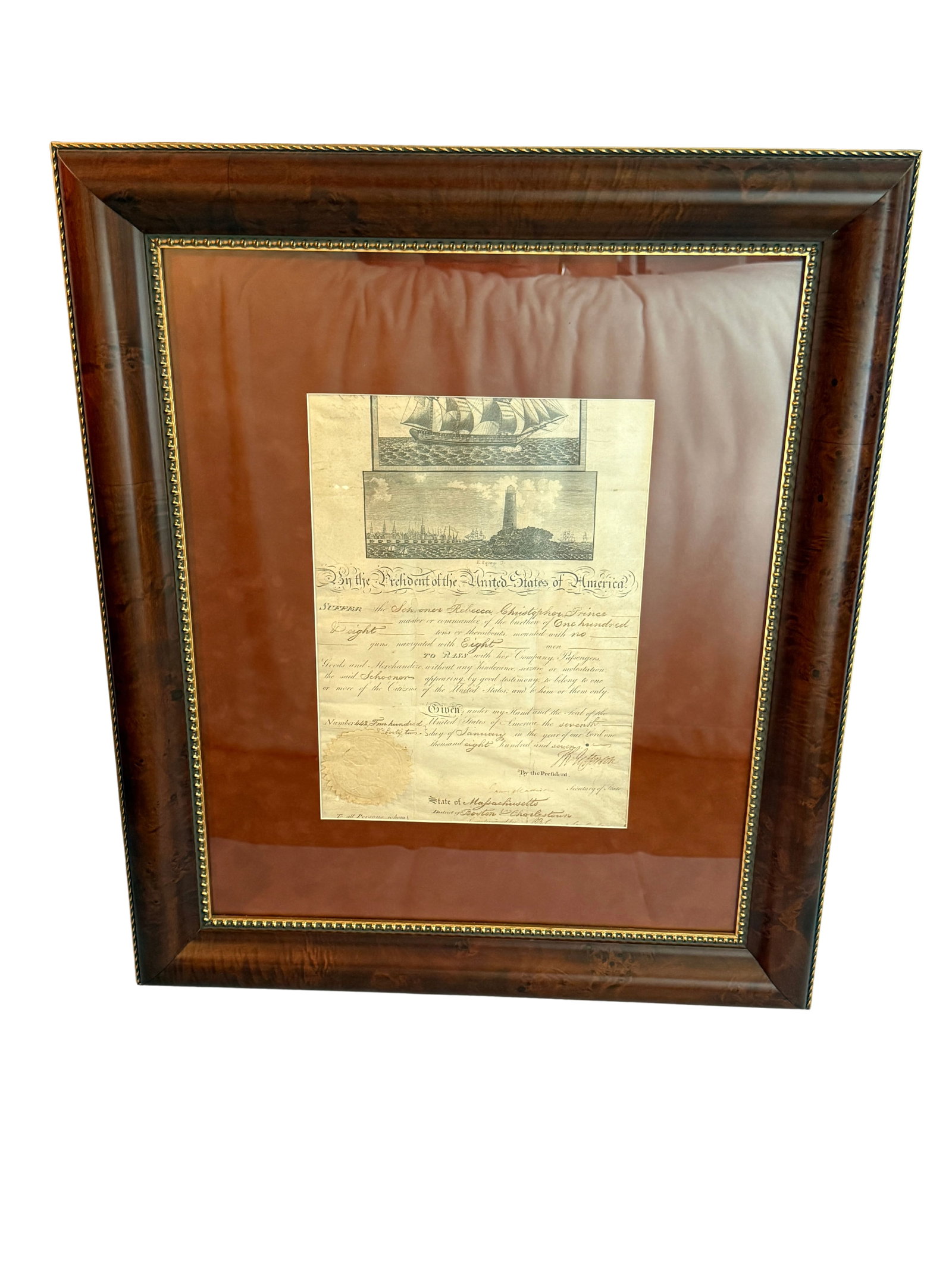 Thomas Jefferson & James Madison. Ship's Passport, Schooner Rebecca Christopher Prince.: This is Passport no. 442, One page, partly printed document, with folds, paper seal, signatures of the President and the Secretary of State (faded), small puncture through the word "Schooner".