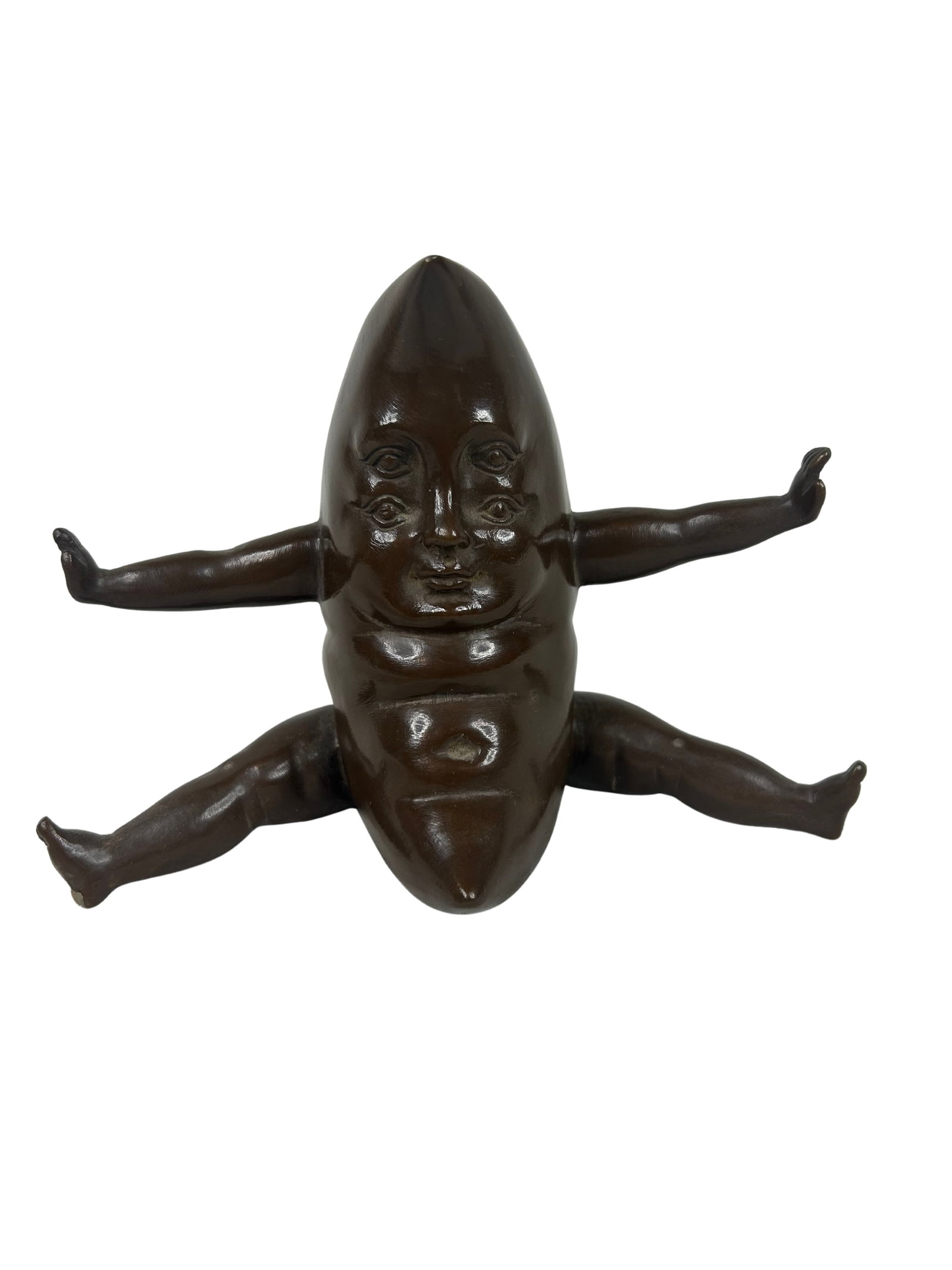 Whimsical Bronze Moon Sculpture by Sergio Bustamante: This item is a unique bronze statue depicting a whimsical moon character with human-like limbs. The statue has a smooth, dark brown patina and features intricate detailing in the facial expressions