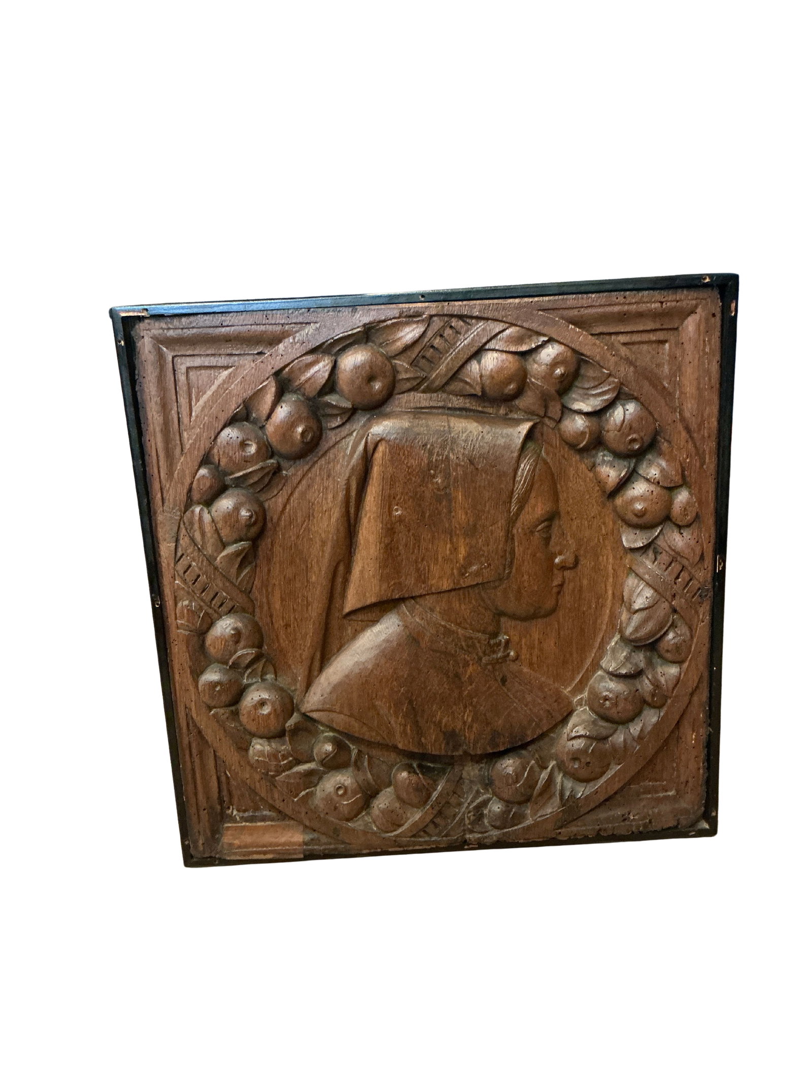 Antique Wooden Relief Carving with Portrait and Floral Motif (1 of 7)