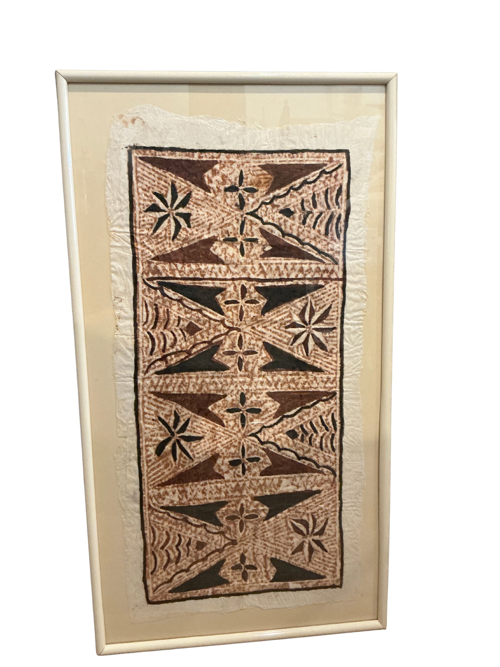 Ethnic Tapa Cloth Painting with Geometric Patterns: This traditional tapa cloth painting showcases an exquisite array of geometric patterns and symbolic motifs, reflecting a rich Polynesian or Oceanic influence. Measuring 17 inches in width and 34 inch