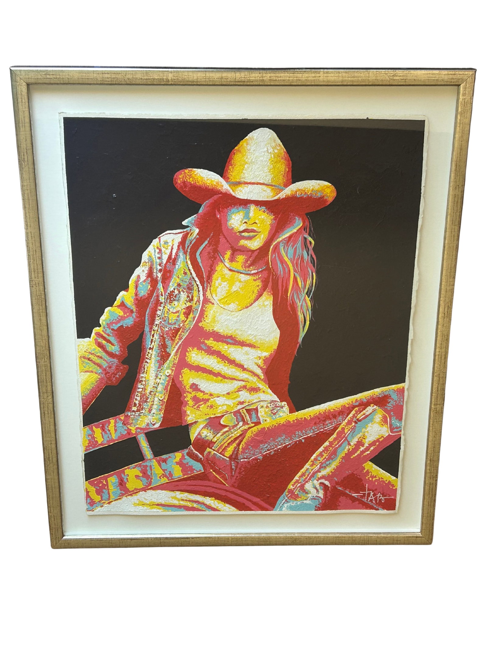 Mike Tabor (American), Original Contemporary Western Portrait on Handmade Paper: This original contemporary western portrait by American artist Mike Tabor captures the essence of modern cowgirl spirit. Crafted on handmade paper, the painting features bold, expressive brushwork and