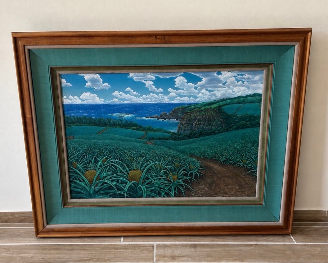 Richard Fields 'Maui' Landscape Painting: This exquisite painting by Richard Fields, titled 'Maui,' beautifully captures the serene Hawaiian landscape with its lush greenery and captivating ocean views. Measuring 39.5 inches in width and 26.5