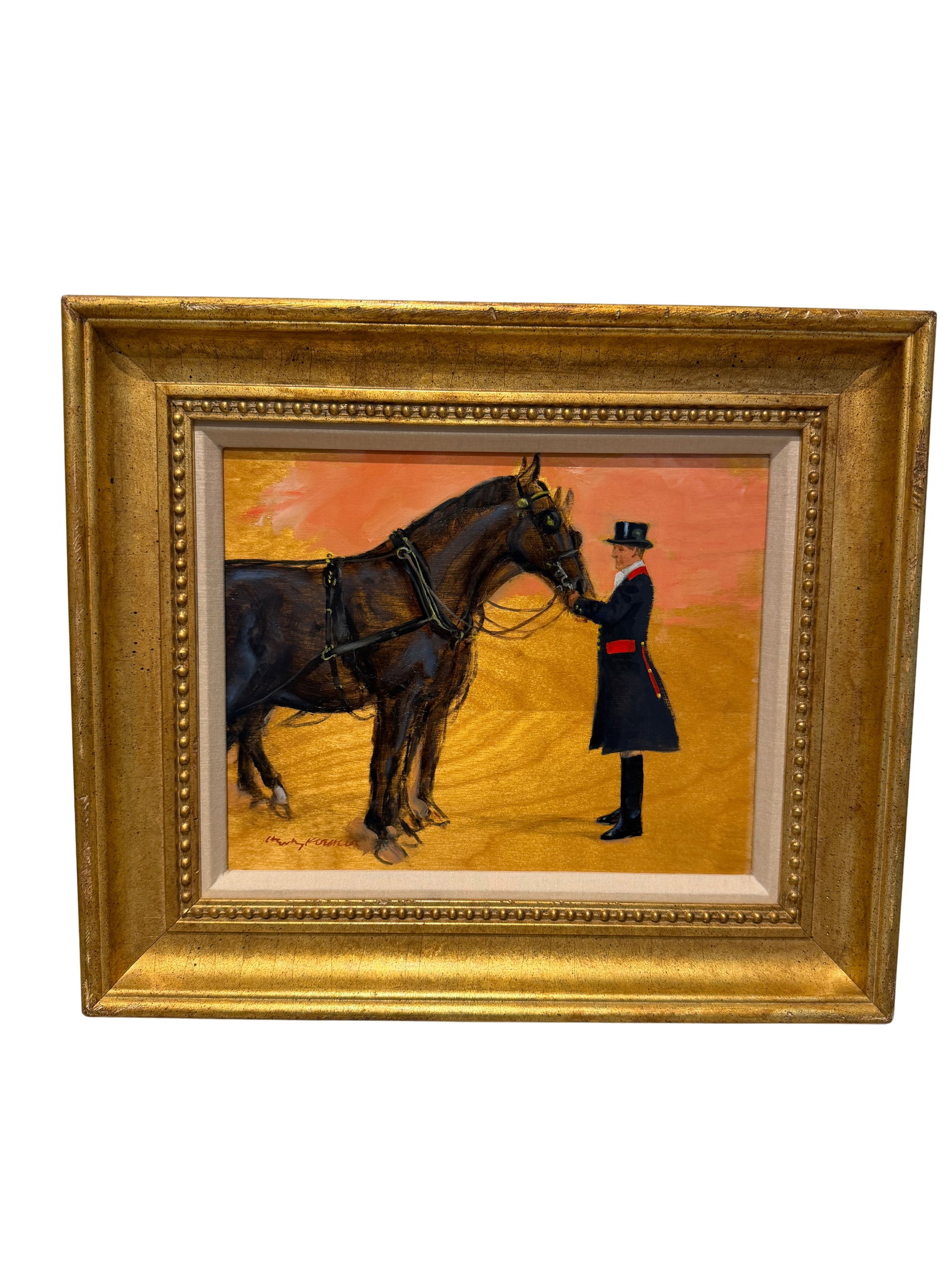 Henry Koehler, Coachman At Royal Ascot, oil on board: This exquisite oil on board painting by Henry Koehler, titled 'Coachman at Royal Ascot,' captures the elegance of the iconic equestrian event. Measuring 9.5 inches in width, 7.5 inches in height, and 