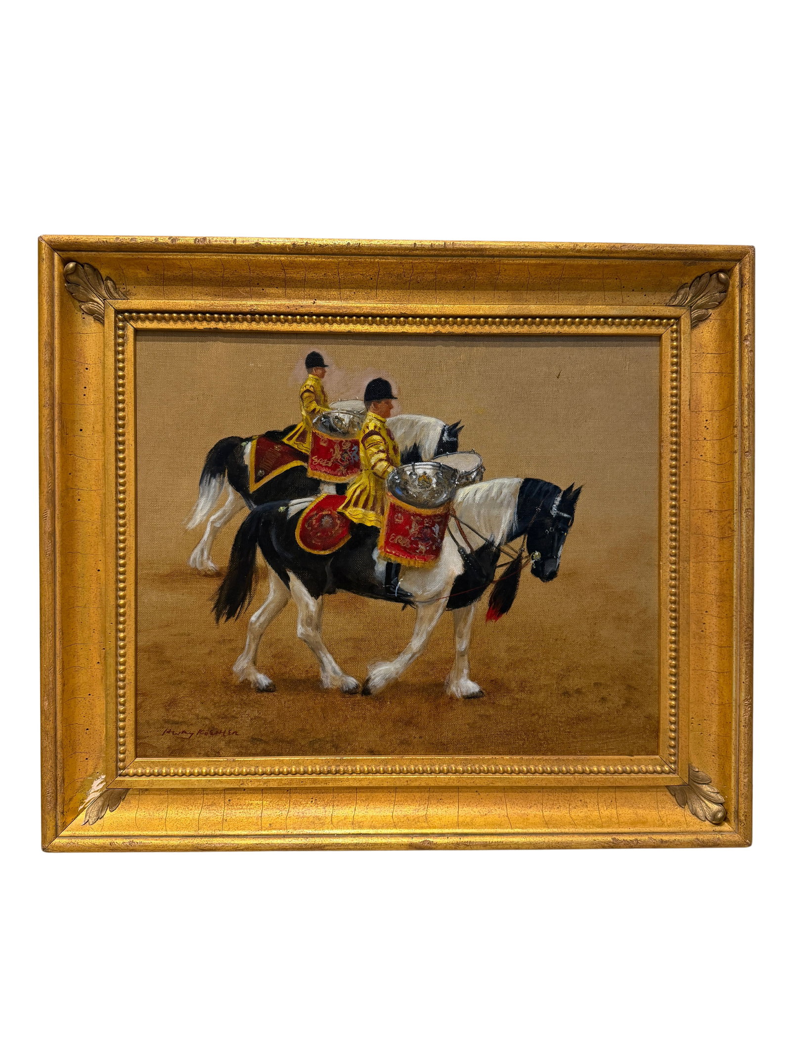 Henry Koehler 'Drum Horses' Oil Painting on Panel: This captivating artwork by Henry Koehler, titled 'Drum Horses,' is an exquisite portrayal rendered in oil on canvas mounted on panel. The painting features two elegantly detailed drum horses, showcas
