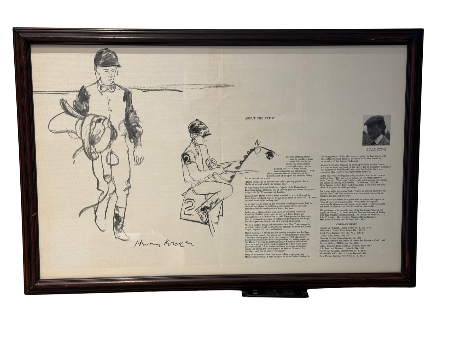 Henry Koehler Lithograph with Artist Bio: This item is a framed lithograph featuring Henry Koehler's artistic style, known for his work involving equestrian subjects. The artwork includes a detailed sketch of a jockey and horse, rendered in b