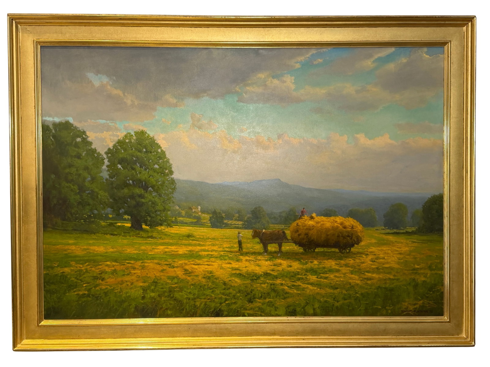 Douglas Flackman 'Farming Scene' Original Oil on Canvas, Signed 1990: Douglas Flackman's 'Farming Scene' is an evocative oil on canvas painting that captures the serene beauty of rural life. Created in 1990, this piece features a horse-drawn cart laden with hay, set aga