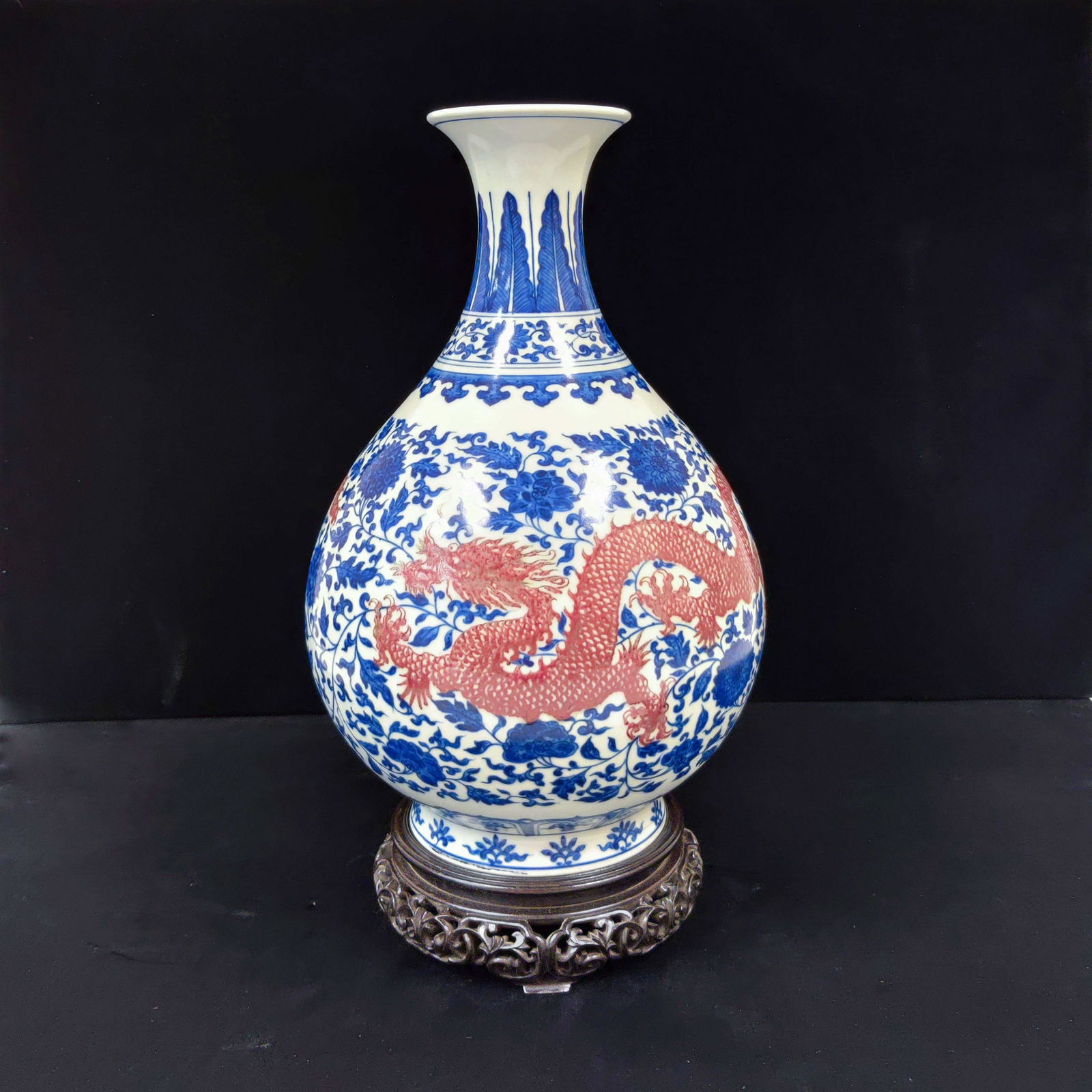 QING RED DRAGON & BLUE FLORAL PEAR VASE ON STANDS (1 of 10)