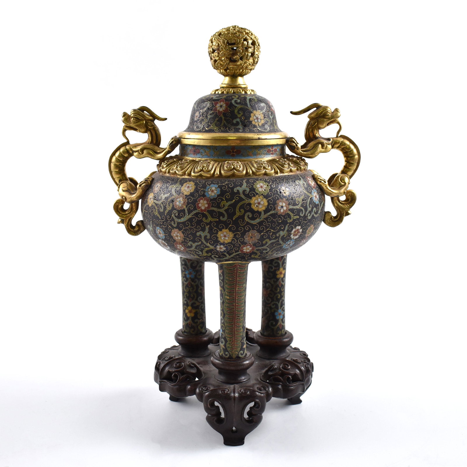A FINE CHINESE GILT BRONZE CLOISONNE LIDDED TRIPOD (1 of 10)