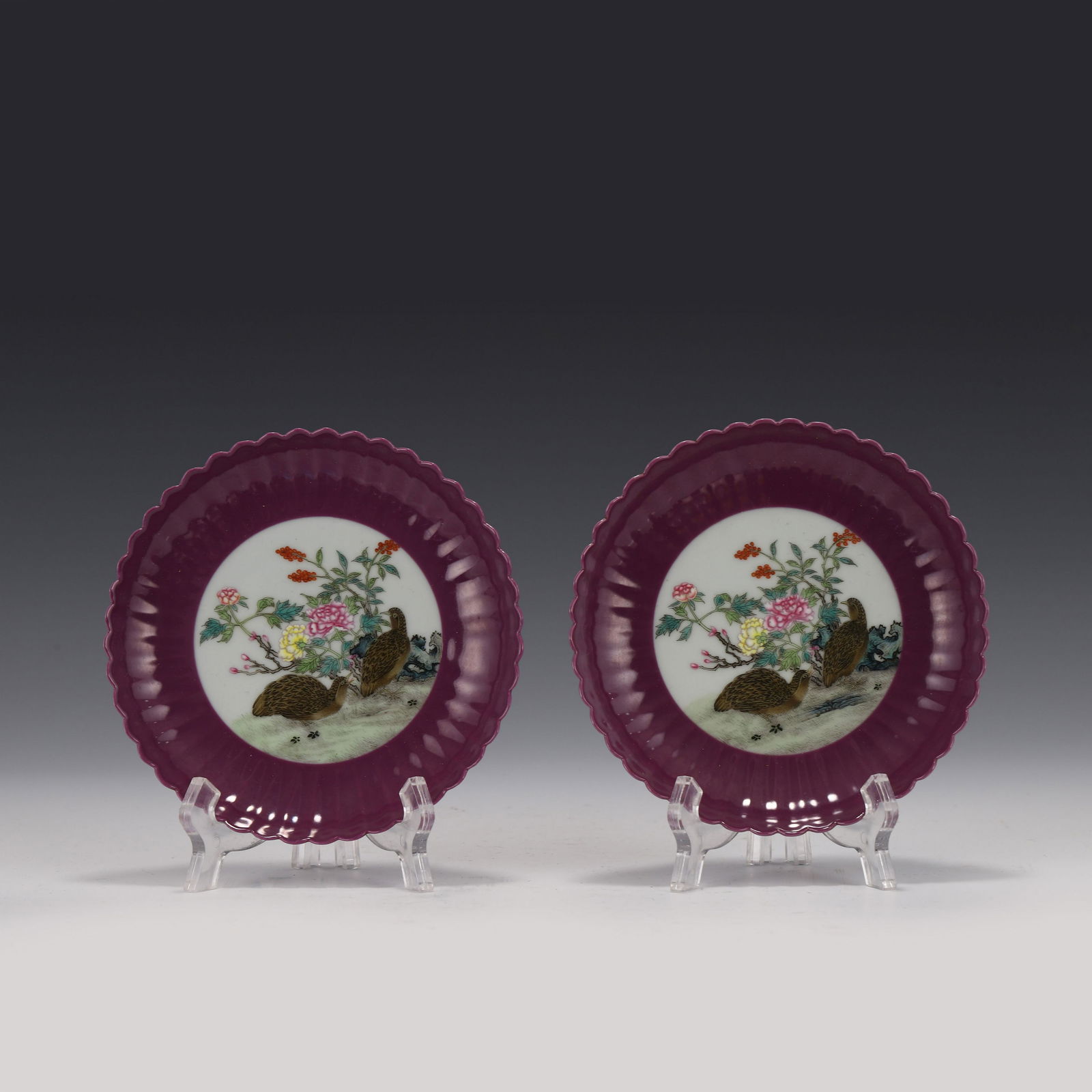 PAIR OPEN FACE FAMILLE ROSE FLORAL RIM PLATES (1 of 7)