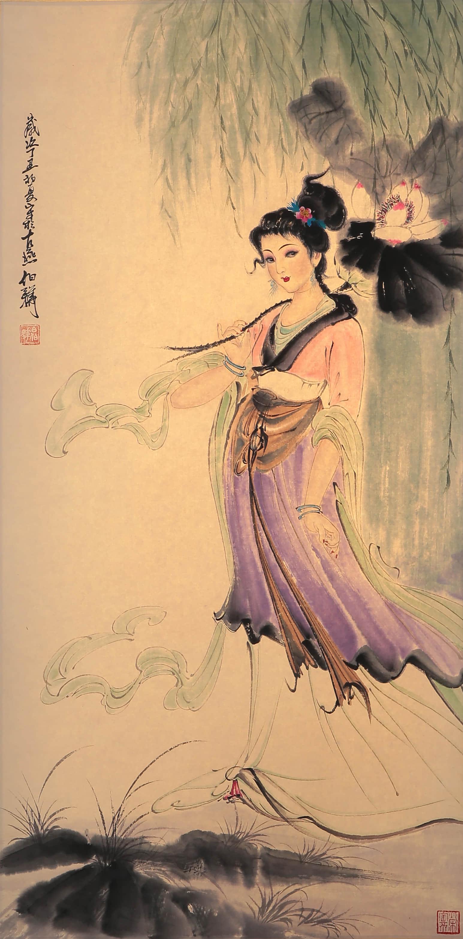 A Chinese Holding Lotus Lady Painting Scroll, Bai Bohua: A Chinese Holding Lotus Lady Painting Scroll, Bai Bohua Mark Length:95cm, Width:46.7cm,