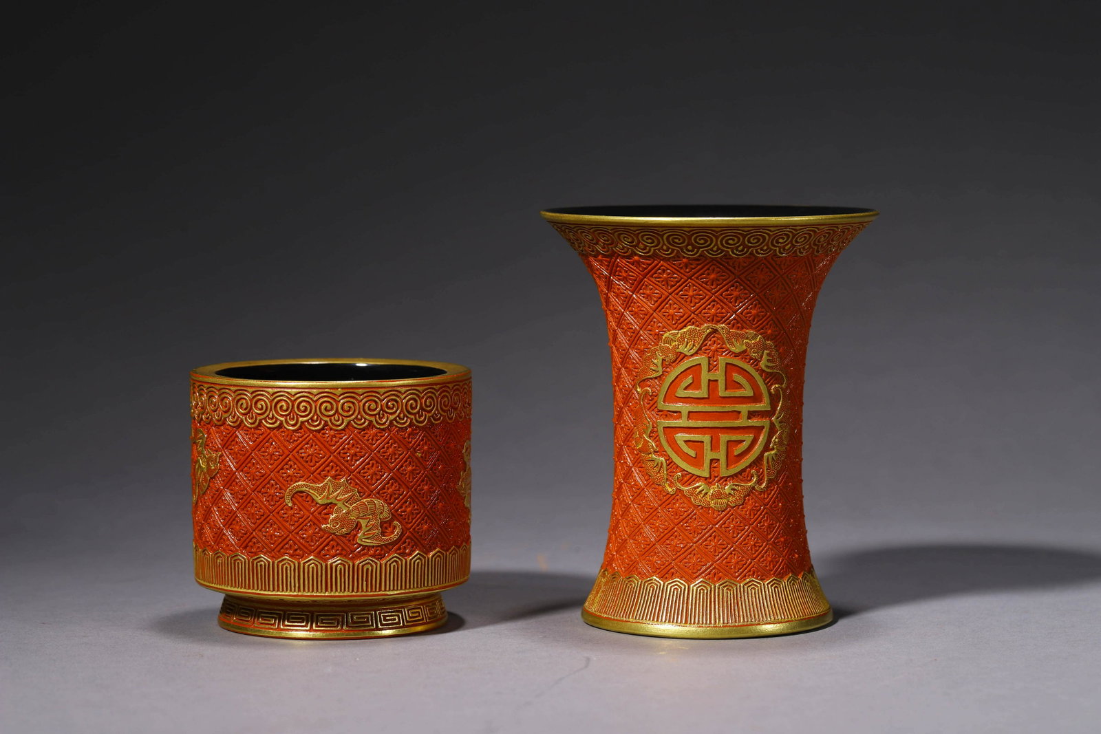 A Set Of Two Carved-Lacquer-Imitated Porcelain Vases: A Set Of Two Carved-Lacquer-Imitated Porcelain Vases 1.Width:9cm, Height:10.8cm, 2.Width:7.4cm, Height:6.8cm,