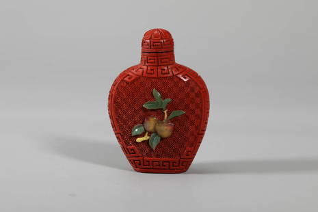 Carved Cinnabar Lacquer Key Fret Peaches Snuff Bottle: Carved Cinnabar Lacquer Key Fret Peaches Snuff Bottle Height:7.2cm, Detailed condition reports are not included in this catalog. For additional information, including condition reports, please