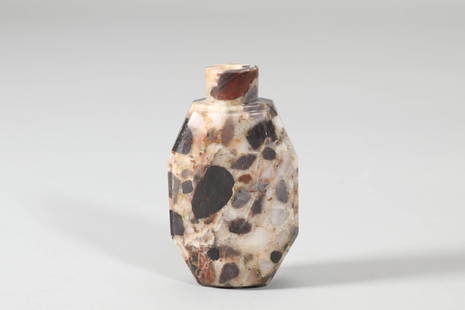 Carved Pudding Stone Agate Octagonal Snuff Bottle: Carved Pudding Stone Agate Octagonal Snuff Bottle Width:3.5cm, Height:6cm, Detailed condition reports are not included in this catalog. For additional information, including condition reports,