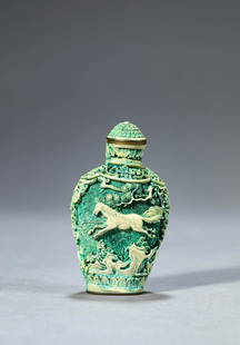 Green Lacquer Snuff Bottle: Green Lacquer Snuff Bottle Length:4.5cm, Width:2.5cm, Height:7.7cm, Detailed condition reports are not included in this catalog. For additional information, including condition reports, please