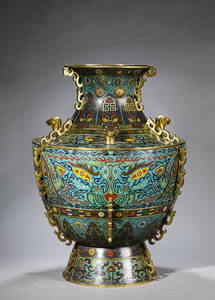 Bronze Cloisonne Enamel Taotie Three-Ram Zun Vessel