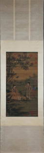 REN RENFA, Chinese Figure and Shadow Painting Silk Hanging Scroll: REN RENFA, Chinese Figure and Shadow Painting Silk Hanging Scroll Length:84cm, Width:42cm, Detailed condition reports are not included in this catalog. For additional information, including condition