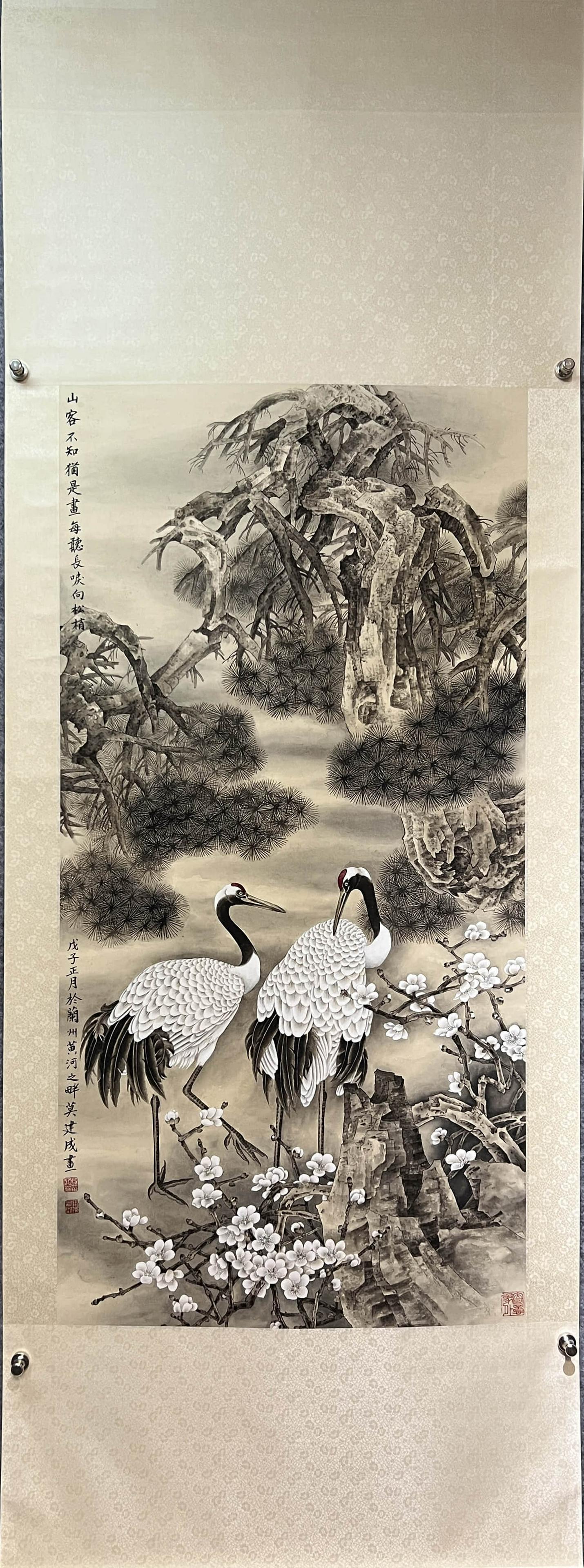 MO JIANCHENG, Chinese Crane Painting Paper Hanging Scroll (1 of 9)