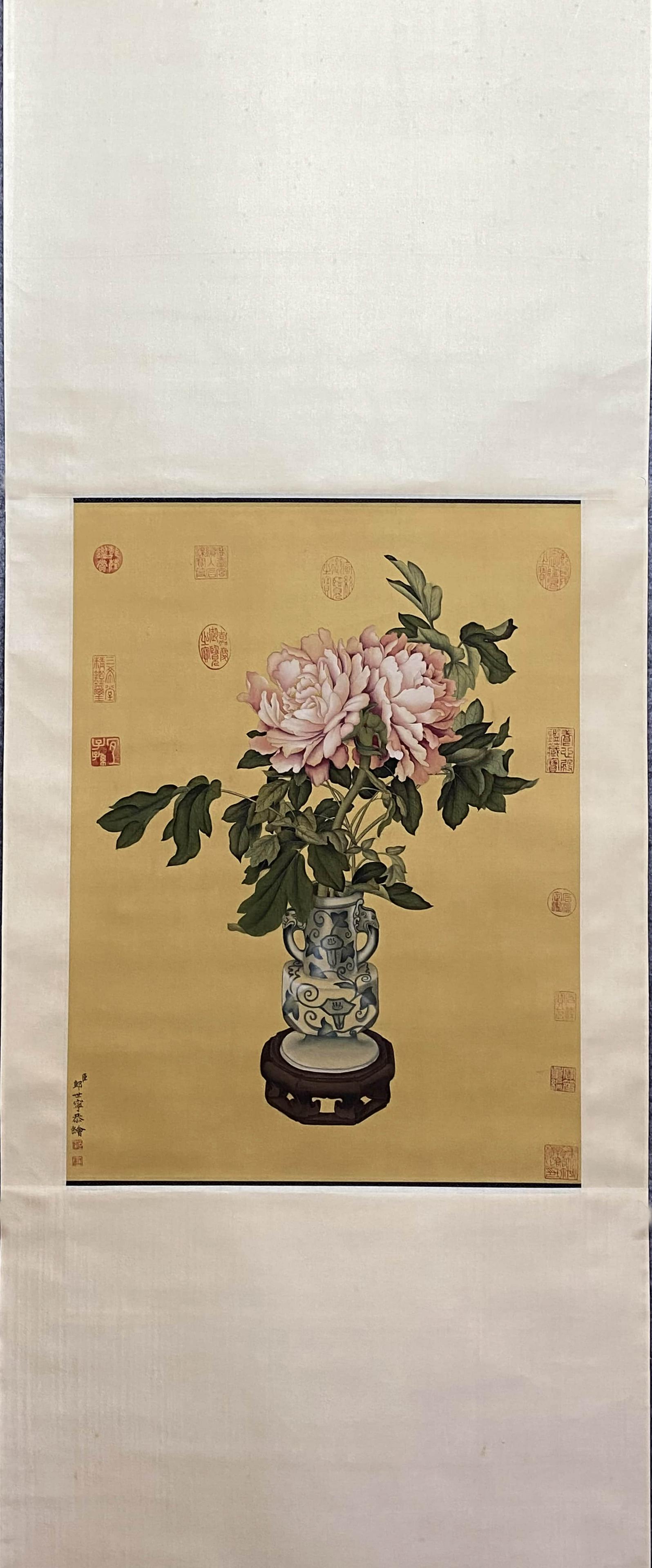 LANG SHINING, Chinese Flower Painting Silk Hanging Scroll (1 of 9)