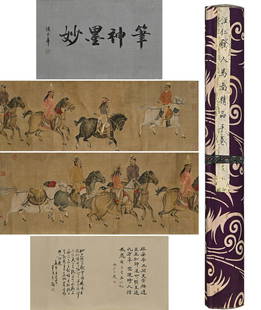 REN RENFA, Chinese Horse and Figure Painting Hand Scroll: REN RENFA, Chinese Horse and Figure Painting Hand Scroll Length:42cm, Width:340cm, Detailed condition reports are not included in this catalog. For additional information, including condition reports,