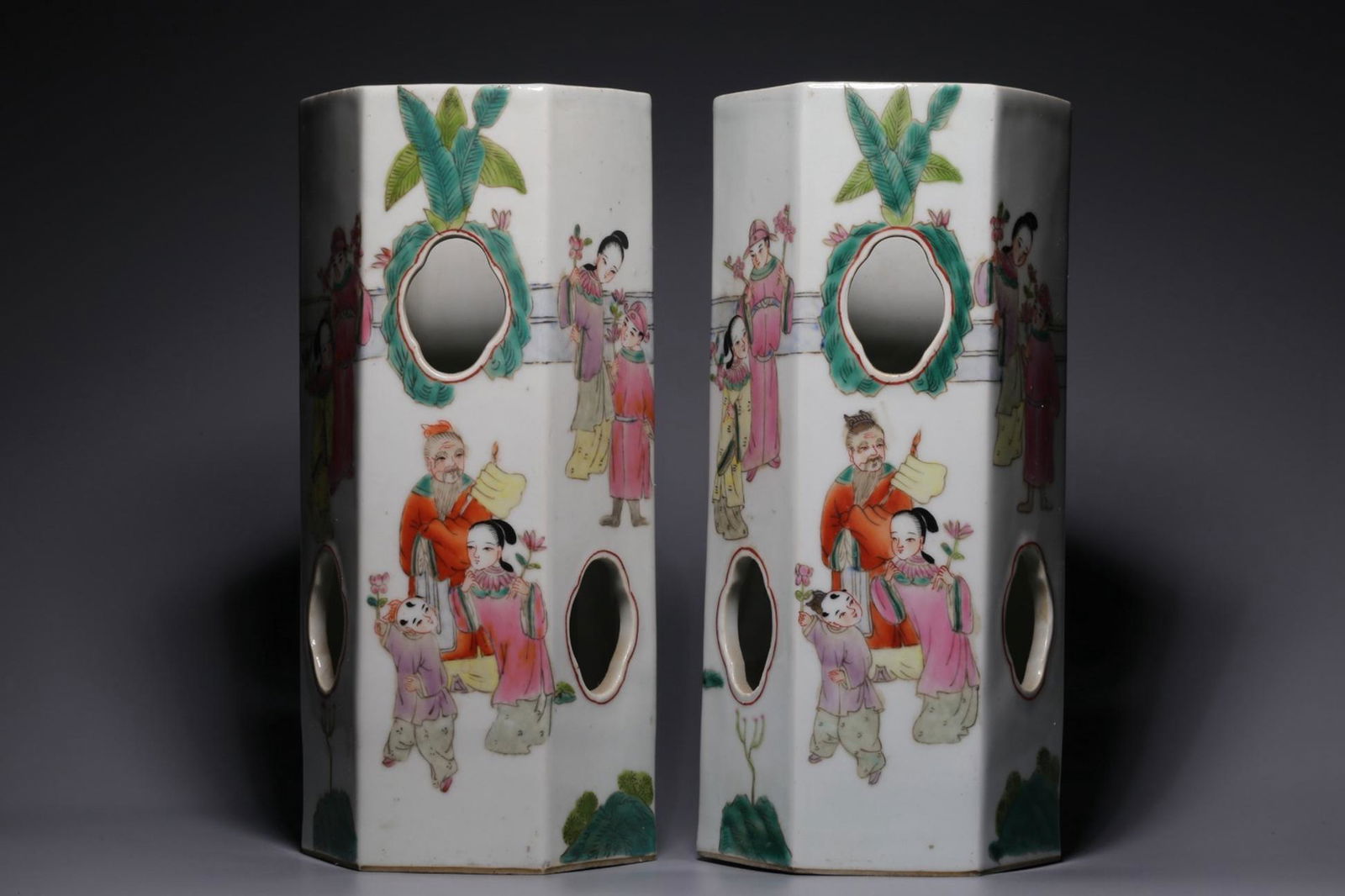 Pair Of Famille Rose Panel Ruyi Figure Landscape Hat Stands (1 of 7)
