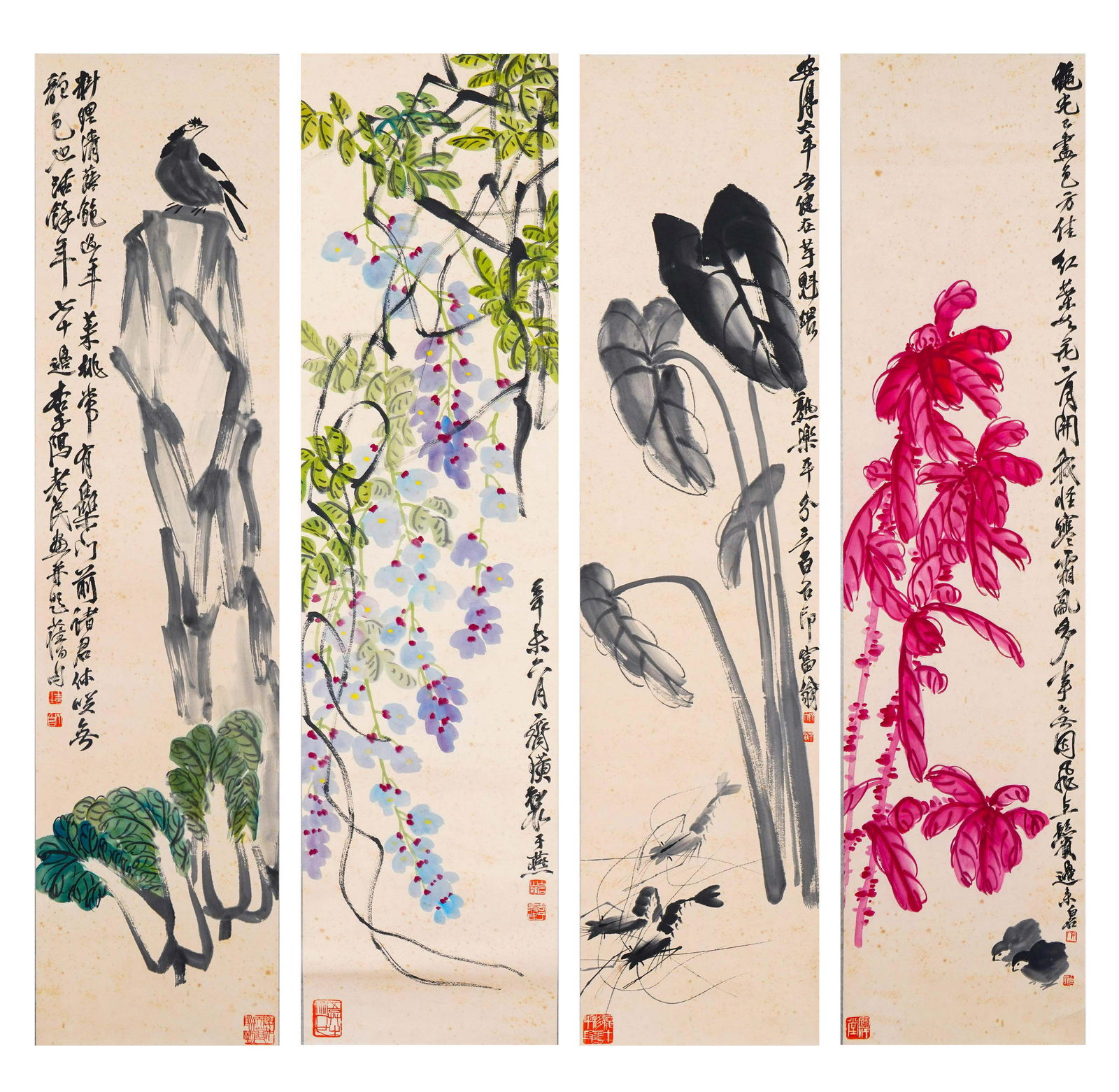 Four Hanging Screens Of Chinese Flower Shrimp And Vegetable Painting, Qi Baishi Mark (1 of 20)