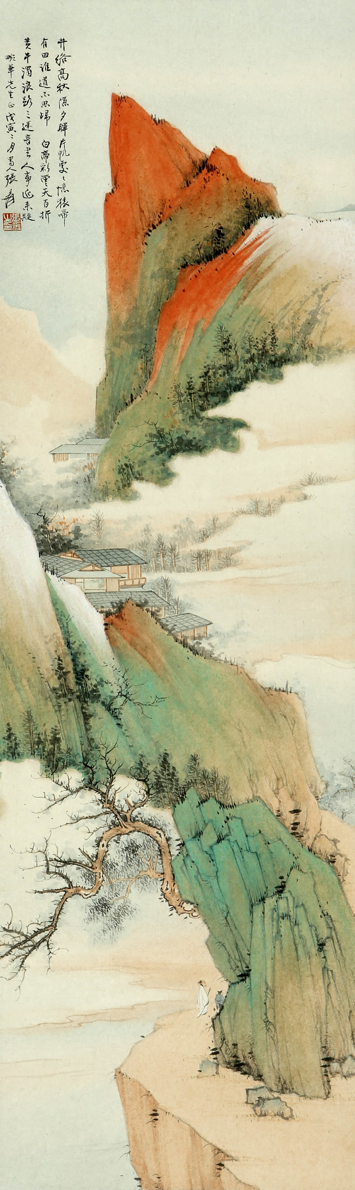 A Chinese Landscape Painting On Paper, Hanging Scroll, Zhang Daqian Mark: A Chinese Landscape Painting On Paper, Hanging Scroll, Zhang Daqian Mark 97×28cm, Condition: Condition reports are rendered as specialist opinion by the staff of the Auction House and not as statem