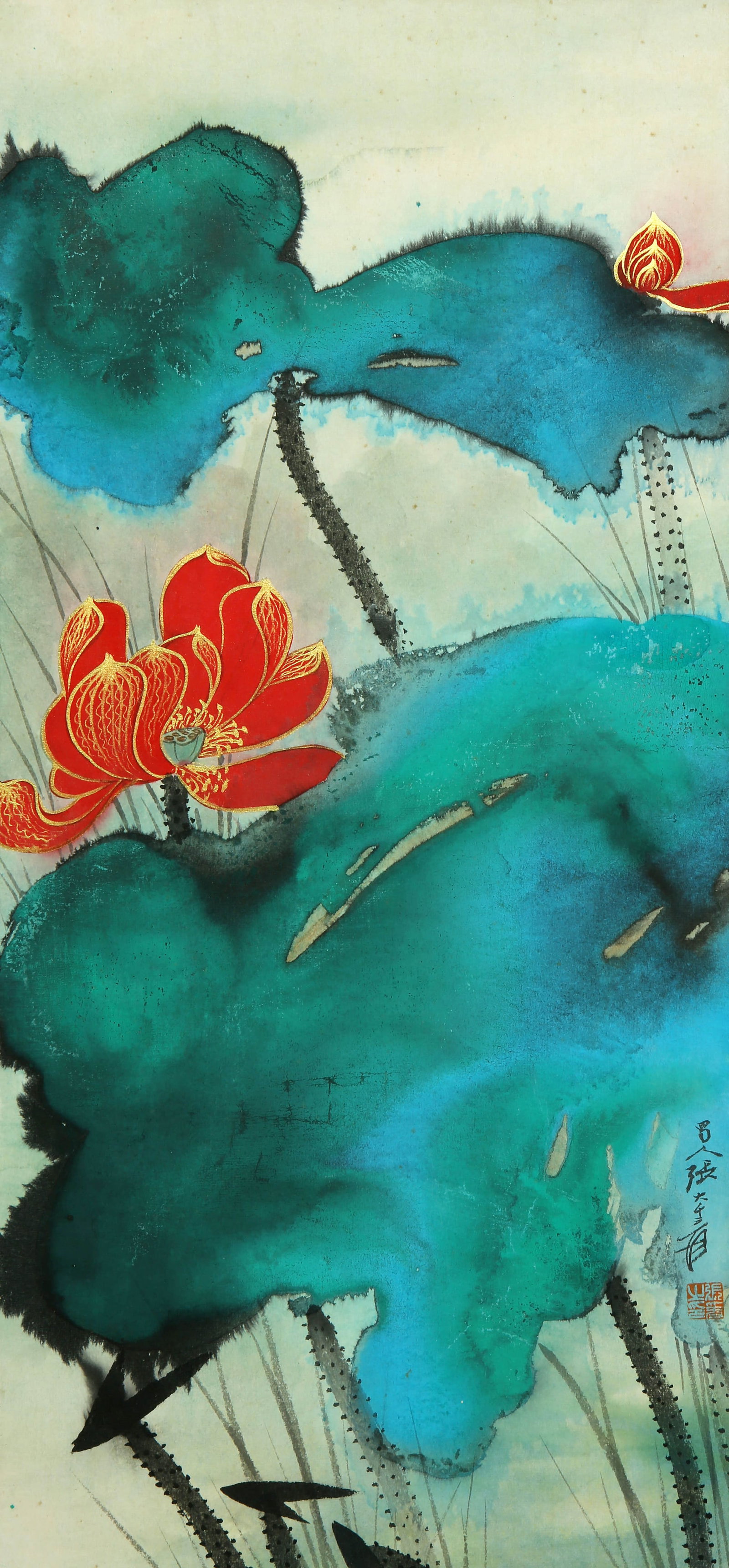 A Chinese Lotus Painting On Paper, Mounted, Zhang Daqian Mark: A Chinese Lotus Painting On Paper, Mounted, Zhang Daqian Mark 61×28cm, Condition: Condition reports are rendered as specialist opinion by the staff of the Auction House and not as statements of fact.