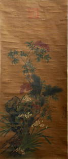 A Chinese Flower Painting, Wang Mian Mark: A Chinese Flower Painting, Wang Mian Mark Height: 124cm, Width: 53cm, Condition: Condition reports are rendered as specialist opinion by the staff of the Auction House and not as statements of fact. W