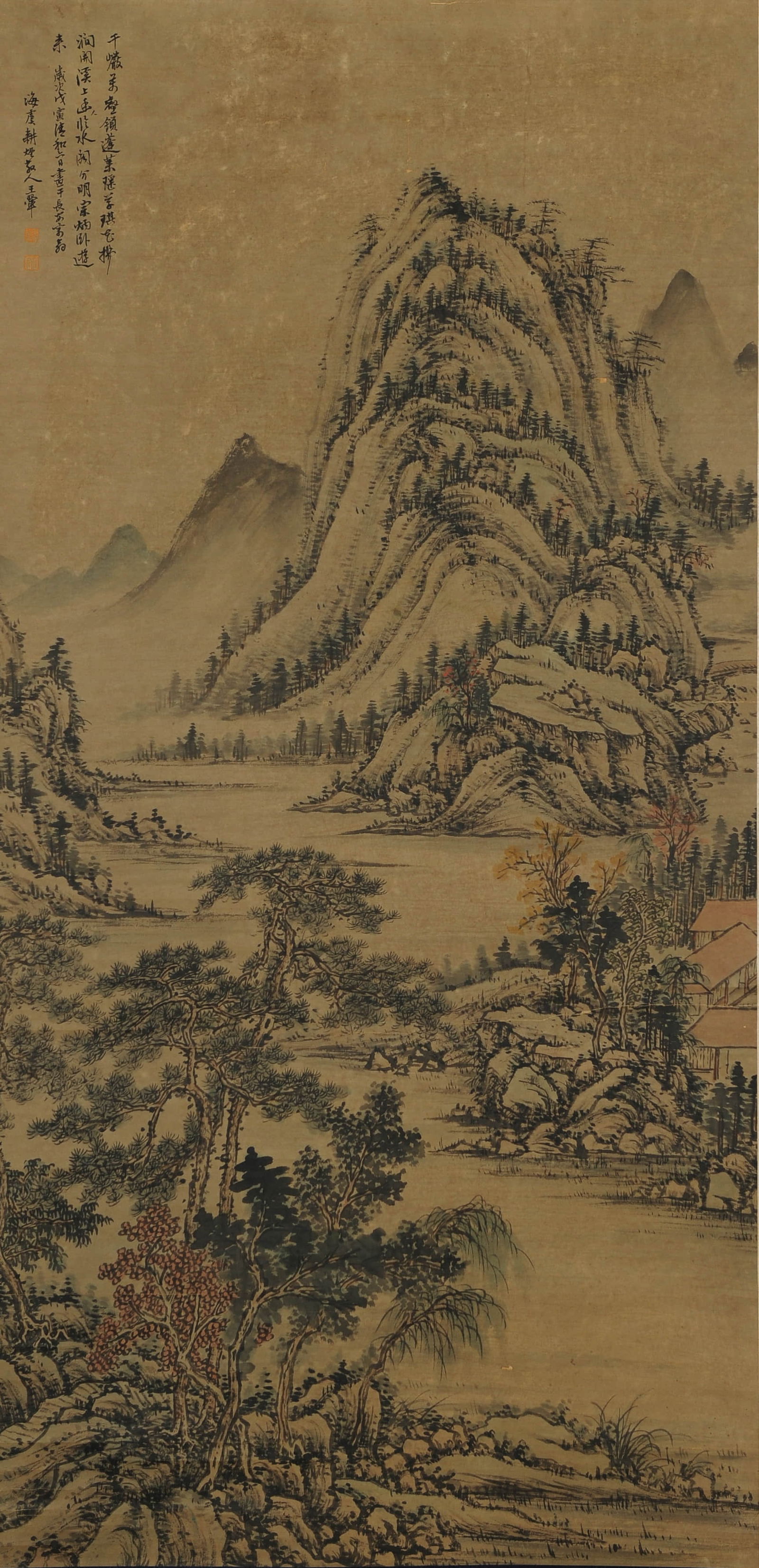 LANDSCAPE, INK AND COLOR ON PAPER, HANGING SCROLL, WANG HUI: LANDSCAPE, INK AND COLOR ON PAPER, HANGING SCROLL, WANG HUI 136*66 Condition: Condition reports are rendered as specialist opinion by the staff of the Auction House and not as statements of fact. We d