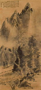 LANDSCAPE, INK AND COLOR ON PAPER, HANGING SCROLL, SHI XI: LANDSCAPE, INK AND COLOR ON PAPER, HANGING SCROLL, SHI XI 96*44cm Condition: Condition reports are rendered as specialist opinion by the staff of the Auction House and not as statements of fact. We do