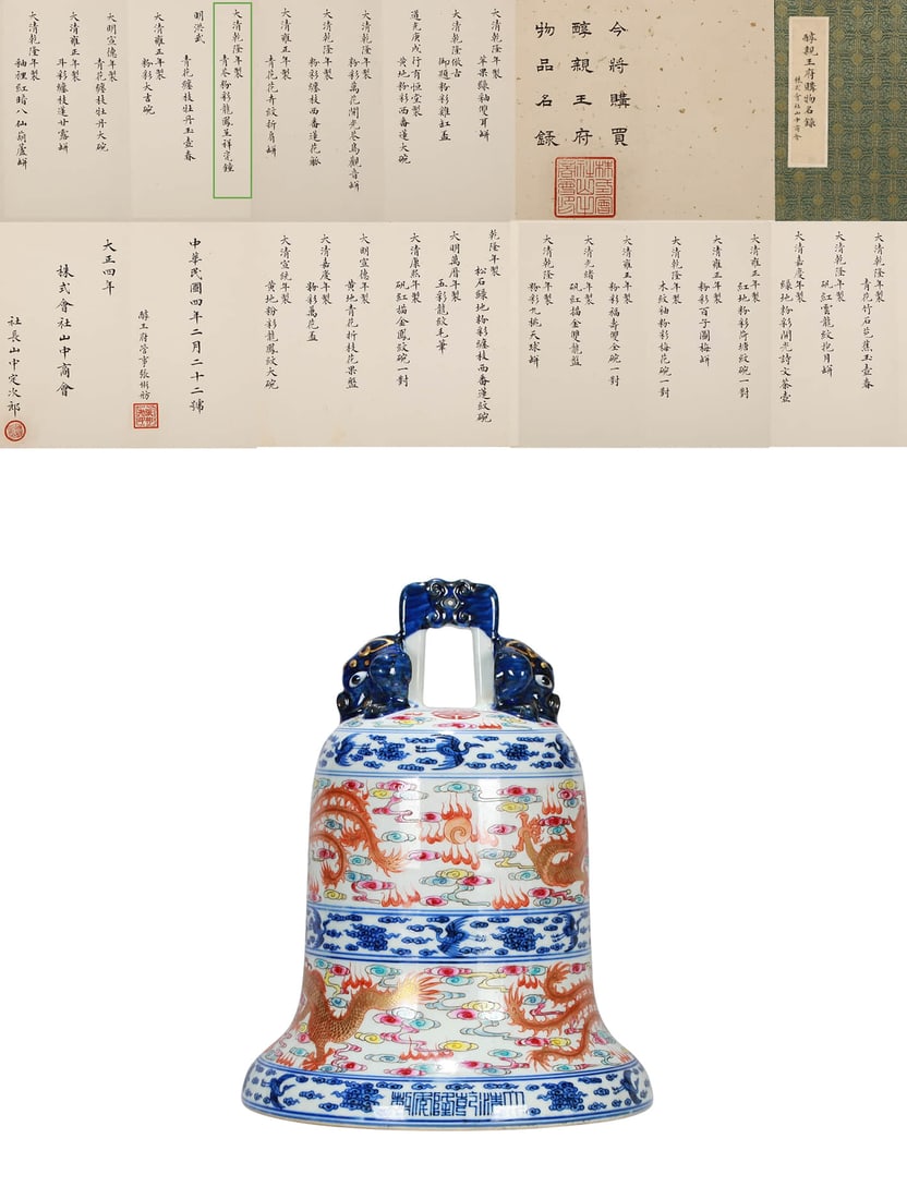 A BLUE AND WHITE FAMILLE ROSE DRAGON AND PHOENIX BELL (1 of 13)
