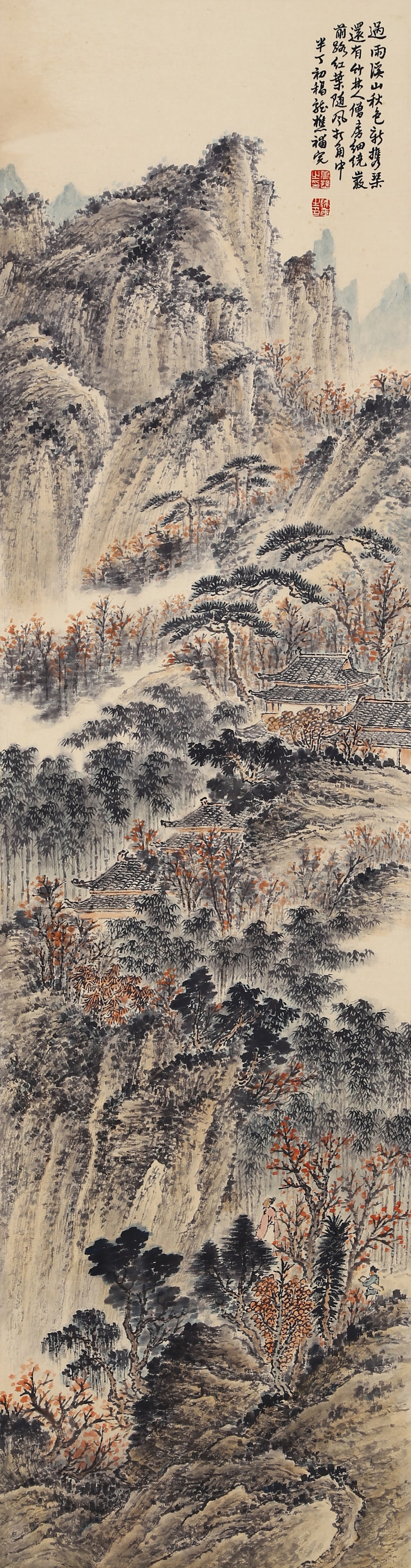 CHEN BANDING (1876-1970) AND XIAO XUN (1883-1944), ATTRIBUTED TO, LANDSCAPE: CHEN BANDING (1876-1970) AND XIAO XUN (1883-1944), ATTRIBUTED TO, LANDSCAPE ink and color on paper, hanging scroll Dimensions: Width: 34 cm, Height: 131 cm . All measurements are approximate. Conditio