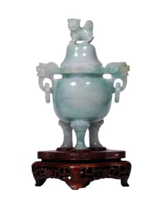 A JADEITE BEAST-HANDLED INCENSE BURNER